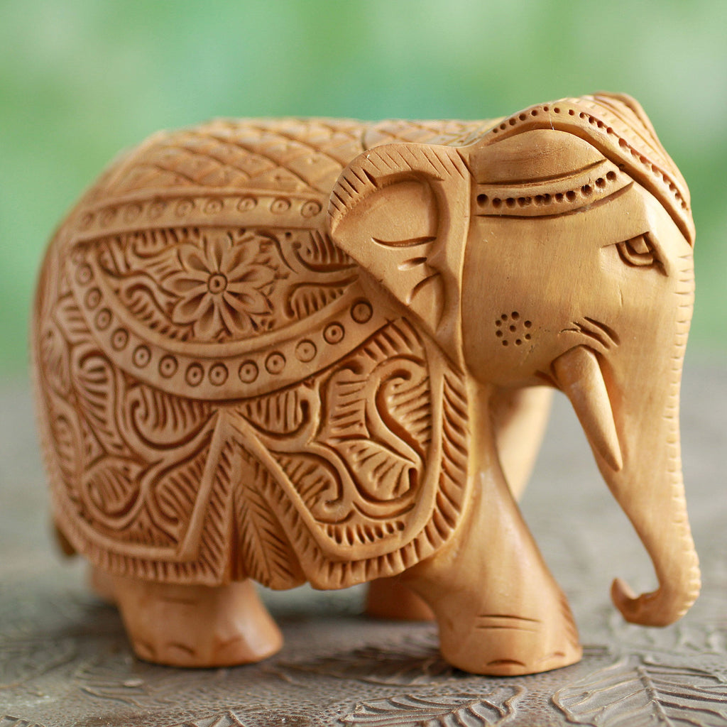 Wood Elephant Sculpture Hand Carved in India (4 Inch) - Majestic Elephant