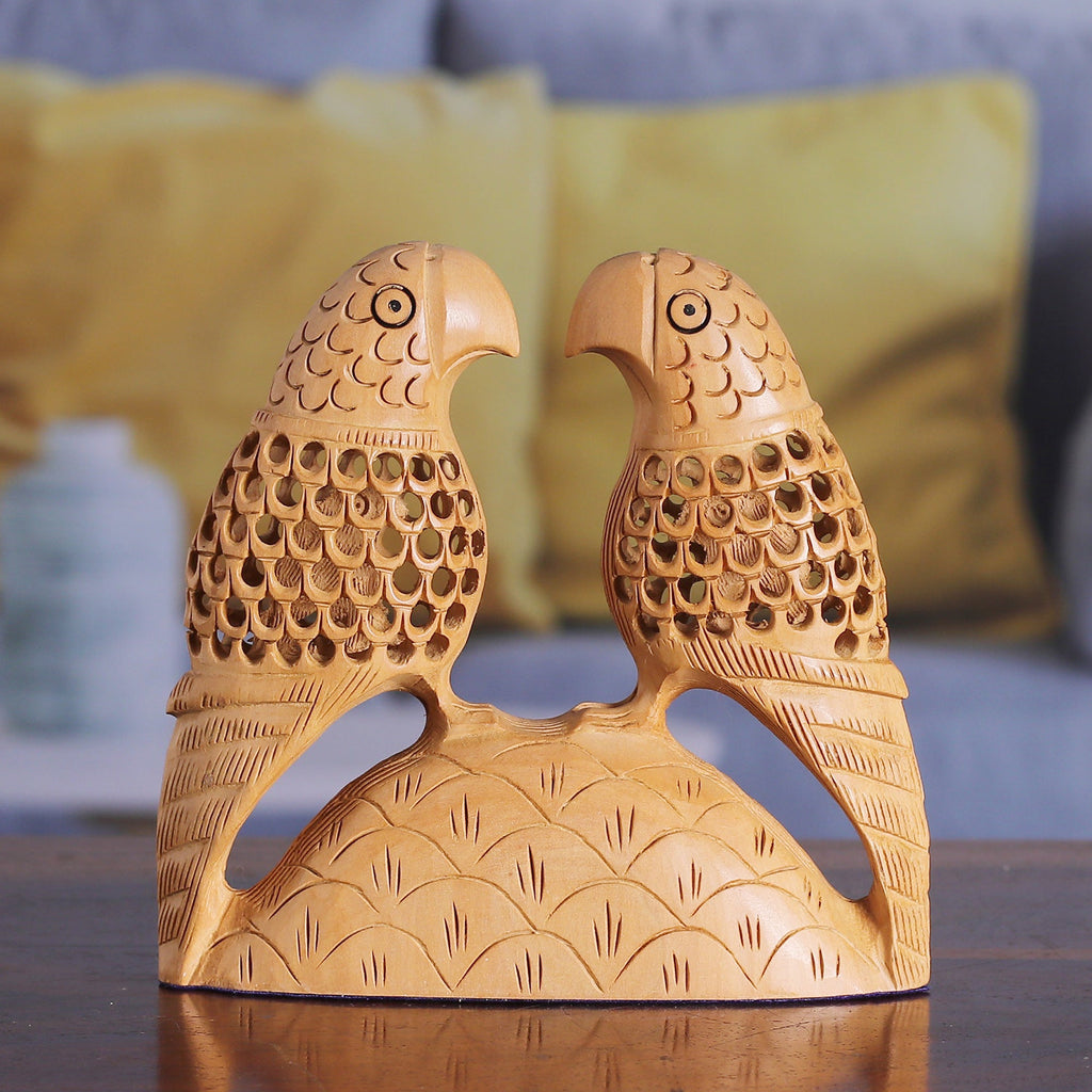 Hand Carved Wood Parrot Sculpture from India - Parrot Hearts