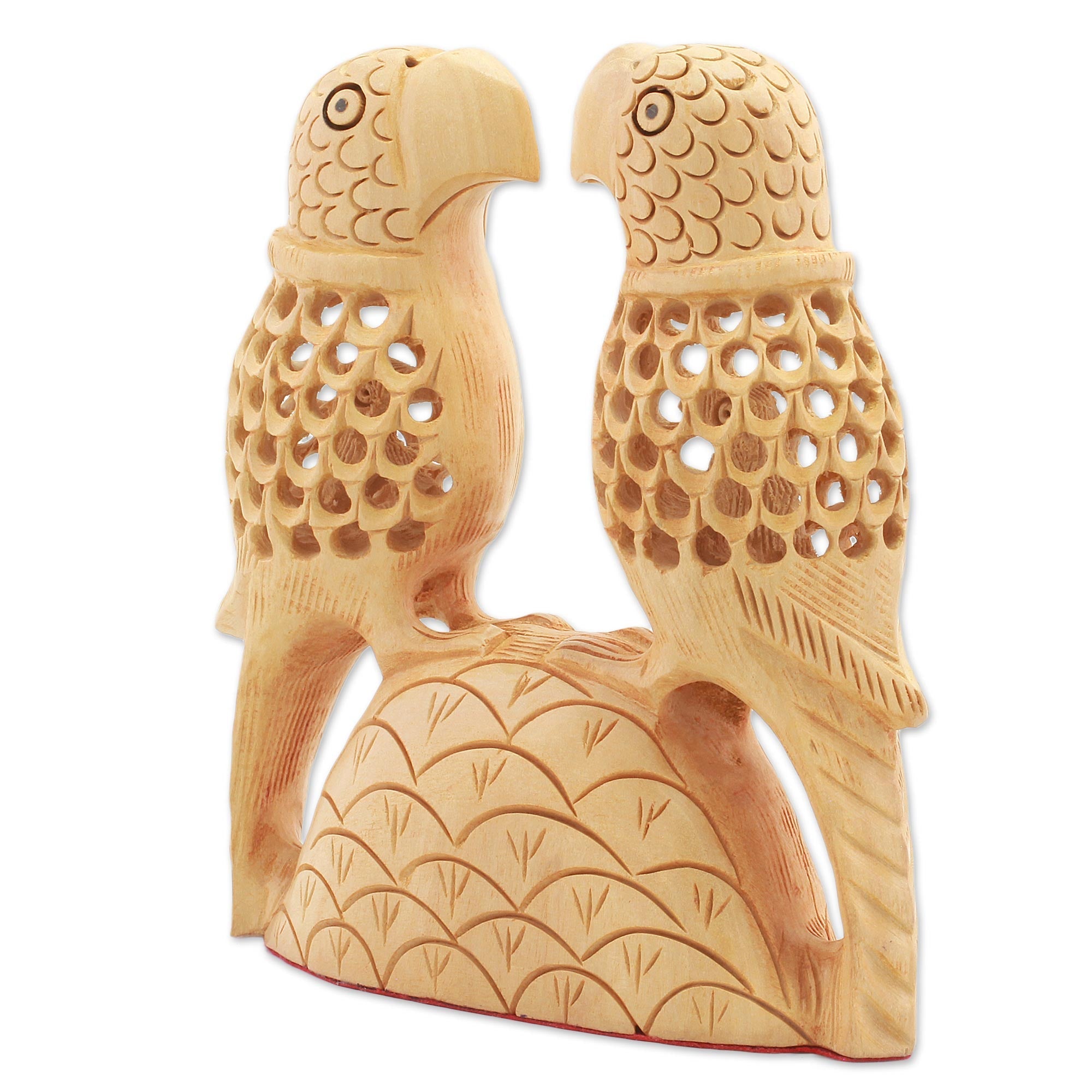Hand Carved Wood Parrot Sculpture from India - Parrot Hearts