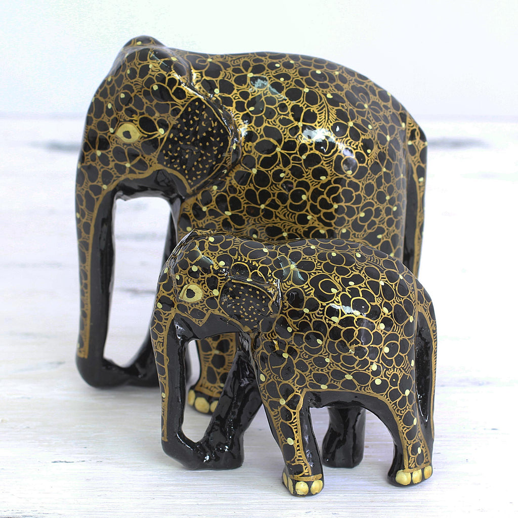Indian Sculpture Set Wood Floral Elephant Mother and Child - Elephant Affection