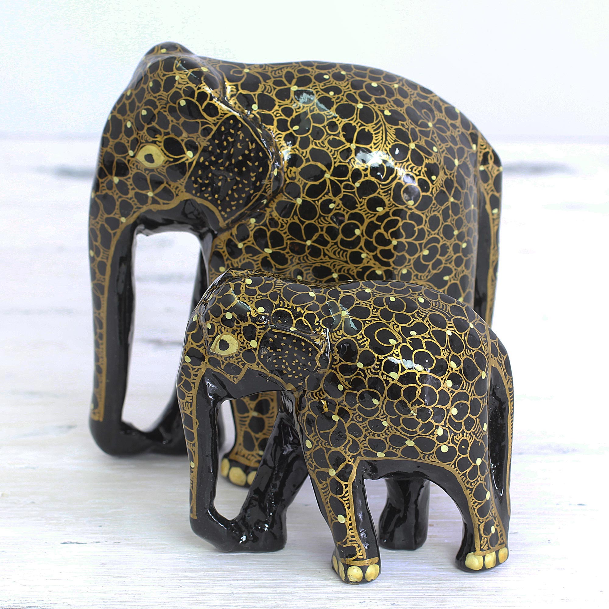 Indian Sculpture Set Wood Floral Elephant Mother and Child - Elephant Affection