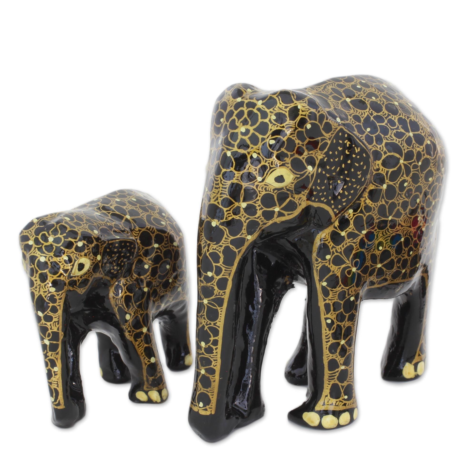 Indian Sculpture Set Wood Floral Elephant Mother and Child - Elephant Affection