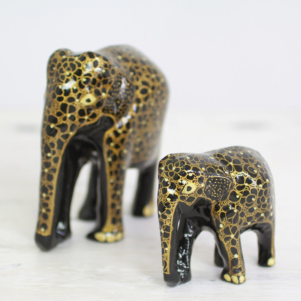 Indian Sculpture Set Wood Floral Elephant Mother and Child - Elephant Affection