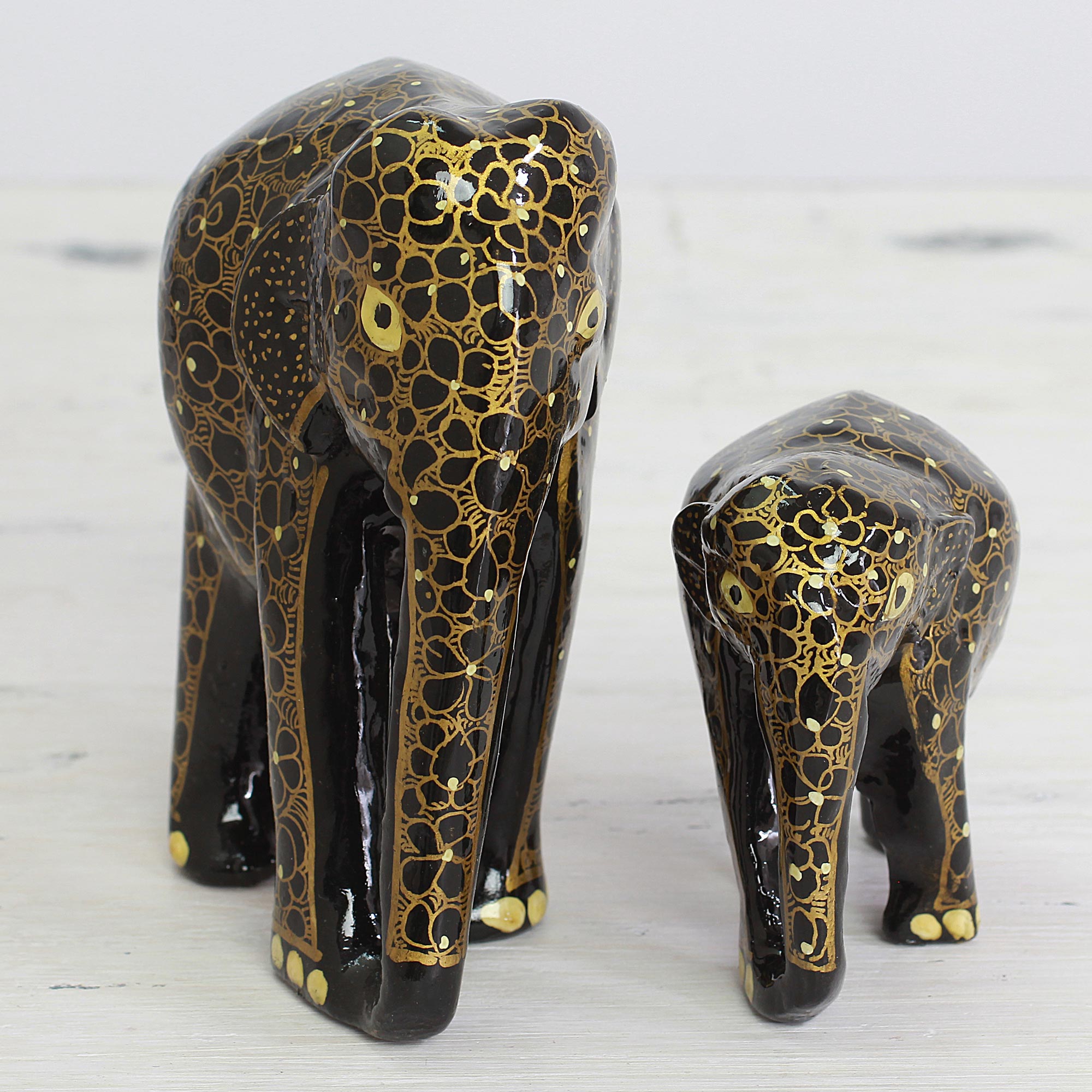 Indian Sculpture Set Wood Floral Elephant Mother and Child - Elephant Affection
