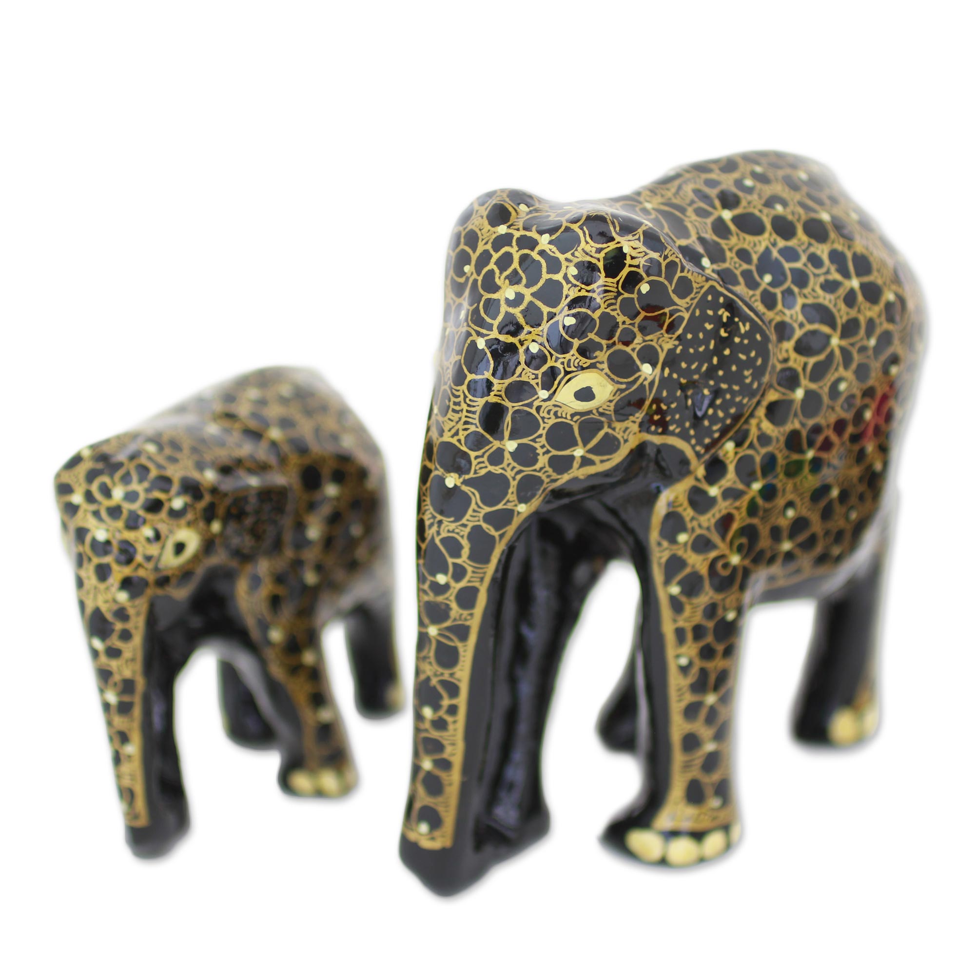 Indian Sculpture Set Wood Floral Elephant Mother and Child - Elephant Affection