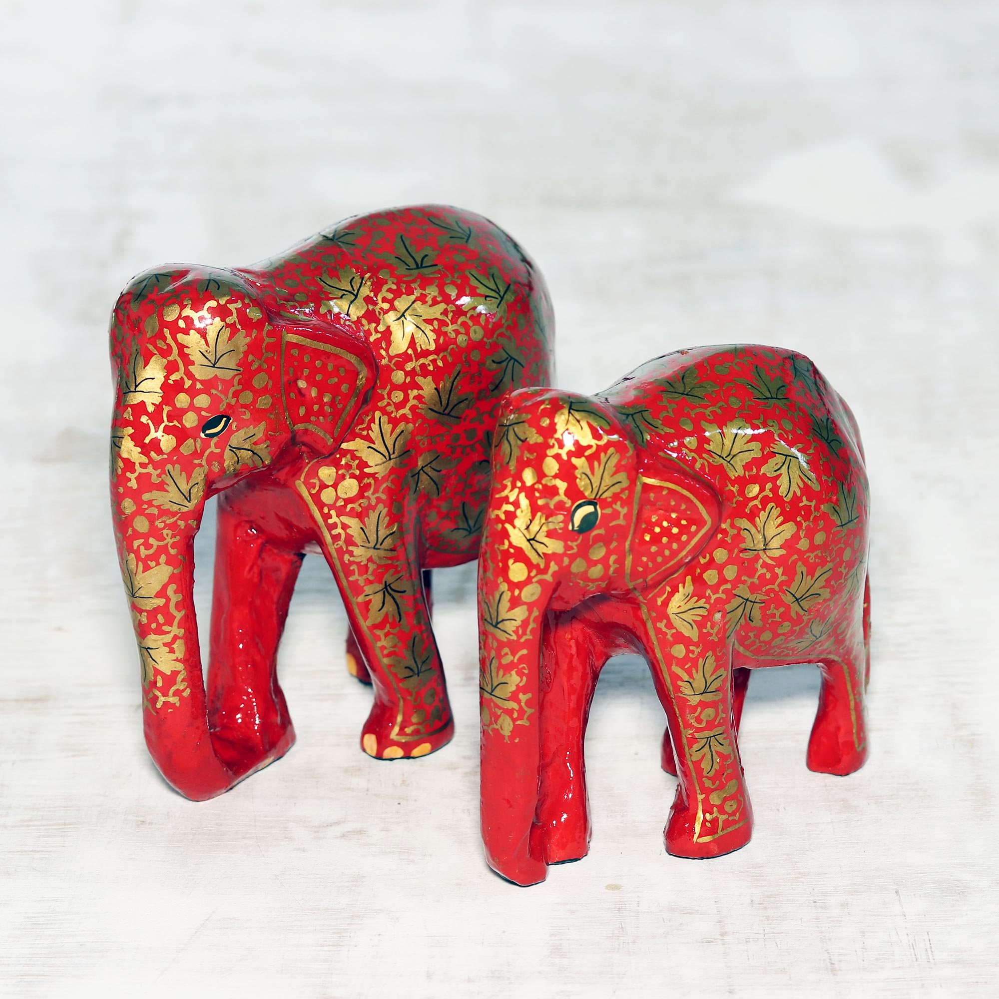 Leaf Motif Papier Mache Elephant Sculptures (Pair) - Chinar Bond