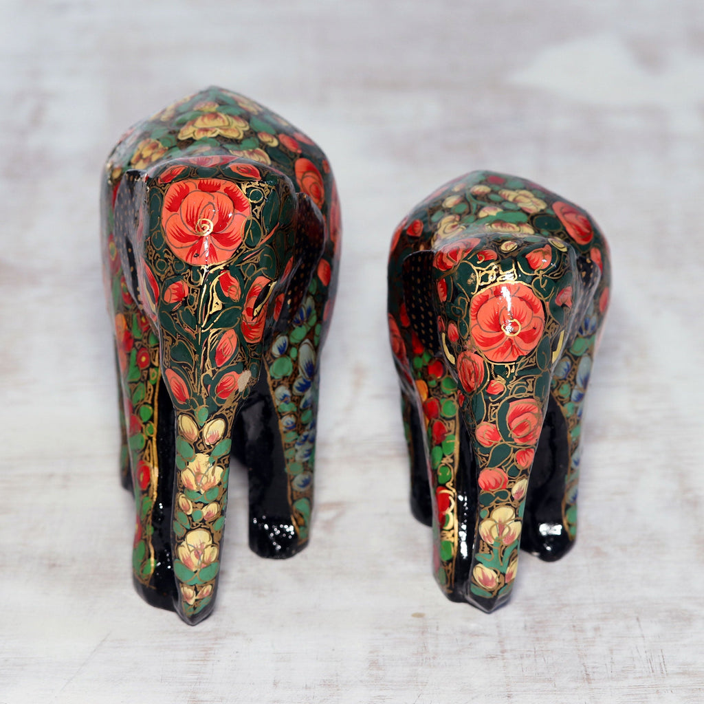 Floral Papier Mache Elephant Sculptures (Pair) from India - Maternal Connection