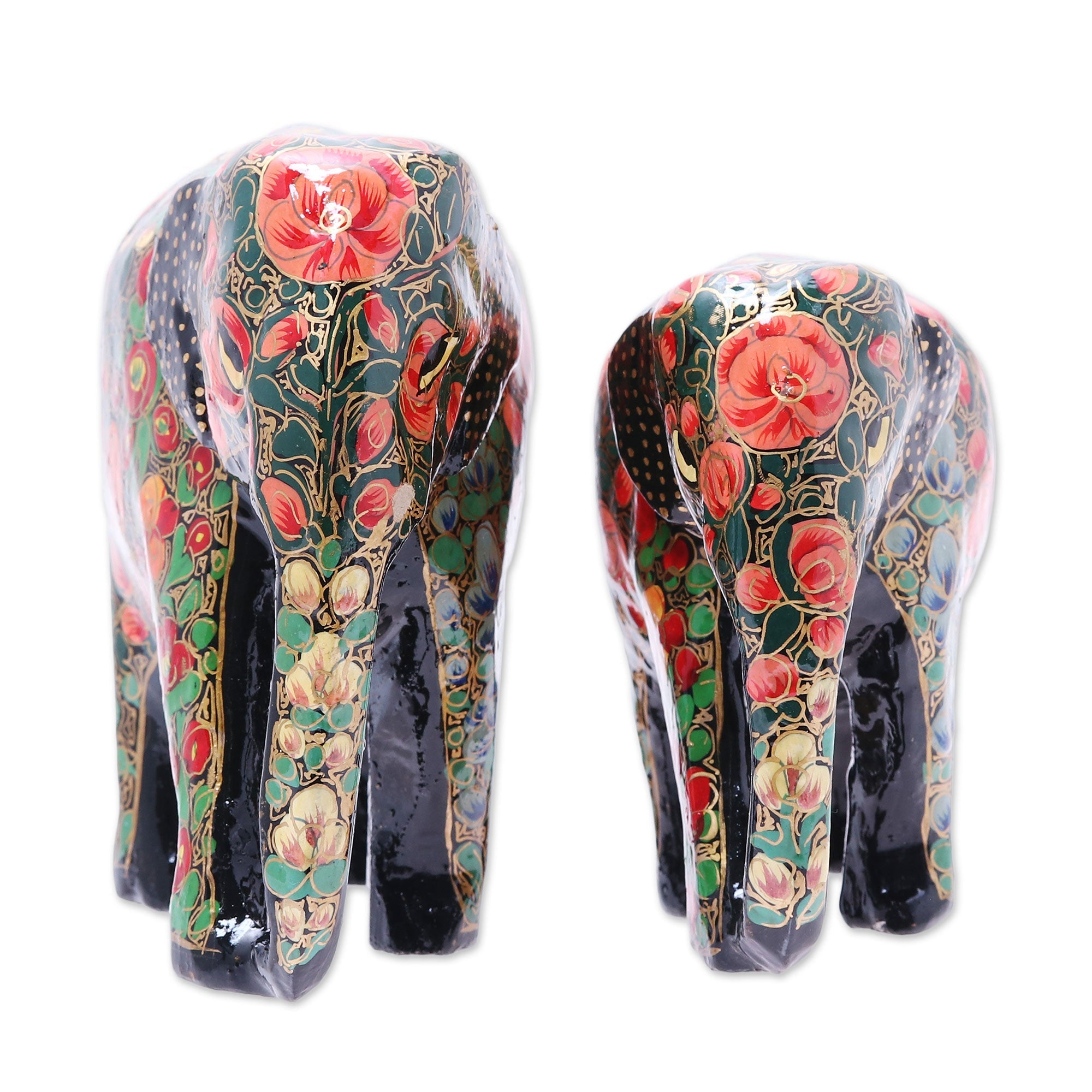 Floral Papier Mache Elephant Sculptures (Pair) from India - Maternal Connection