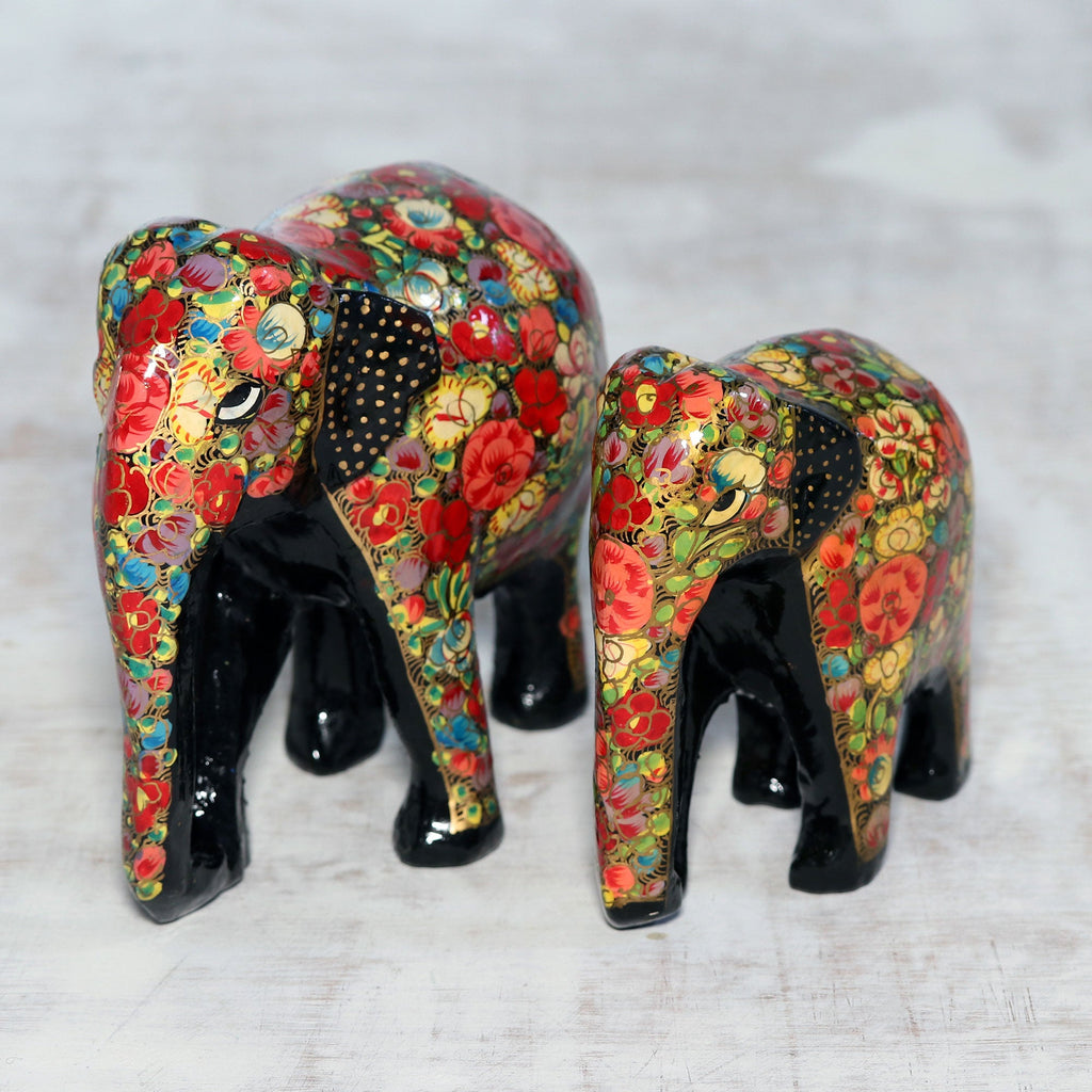 Hand-Painted Floral Papier Mache Elephant Sculptures (Pair) - Floral Bond