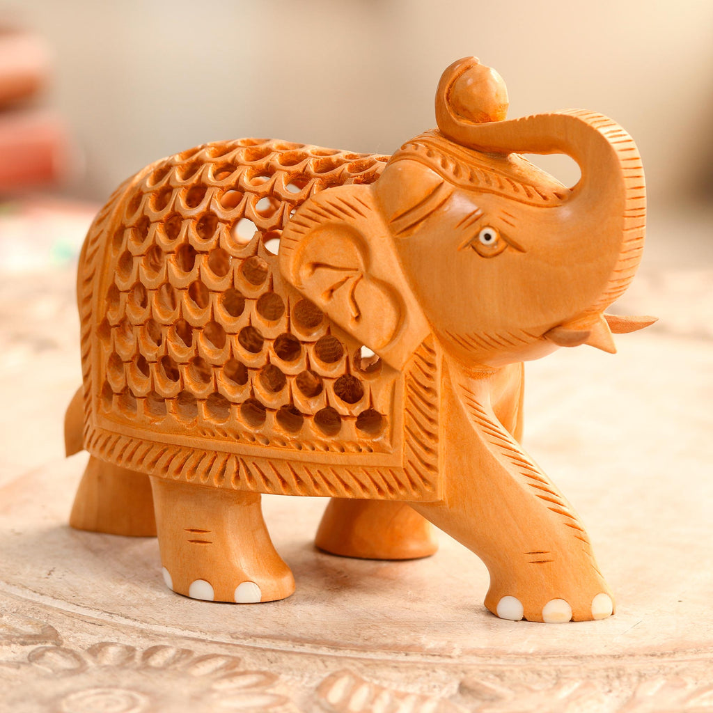 Jali Style Wood Elephant Sculpture - Enchanting Elephant