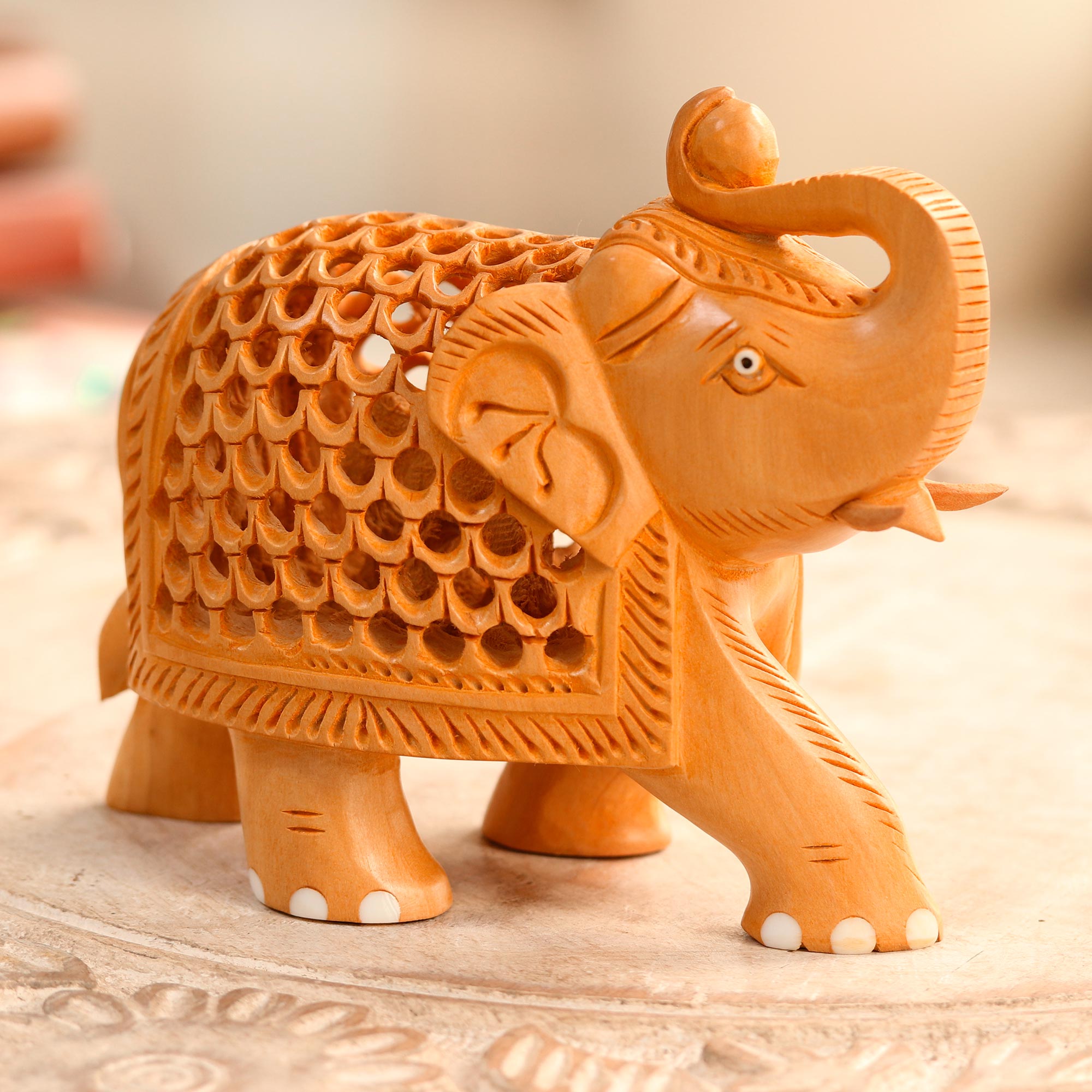 Jali Style Wood Elephant Sculpture - Enchanting Elephant