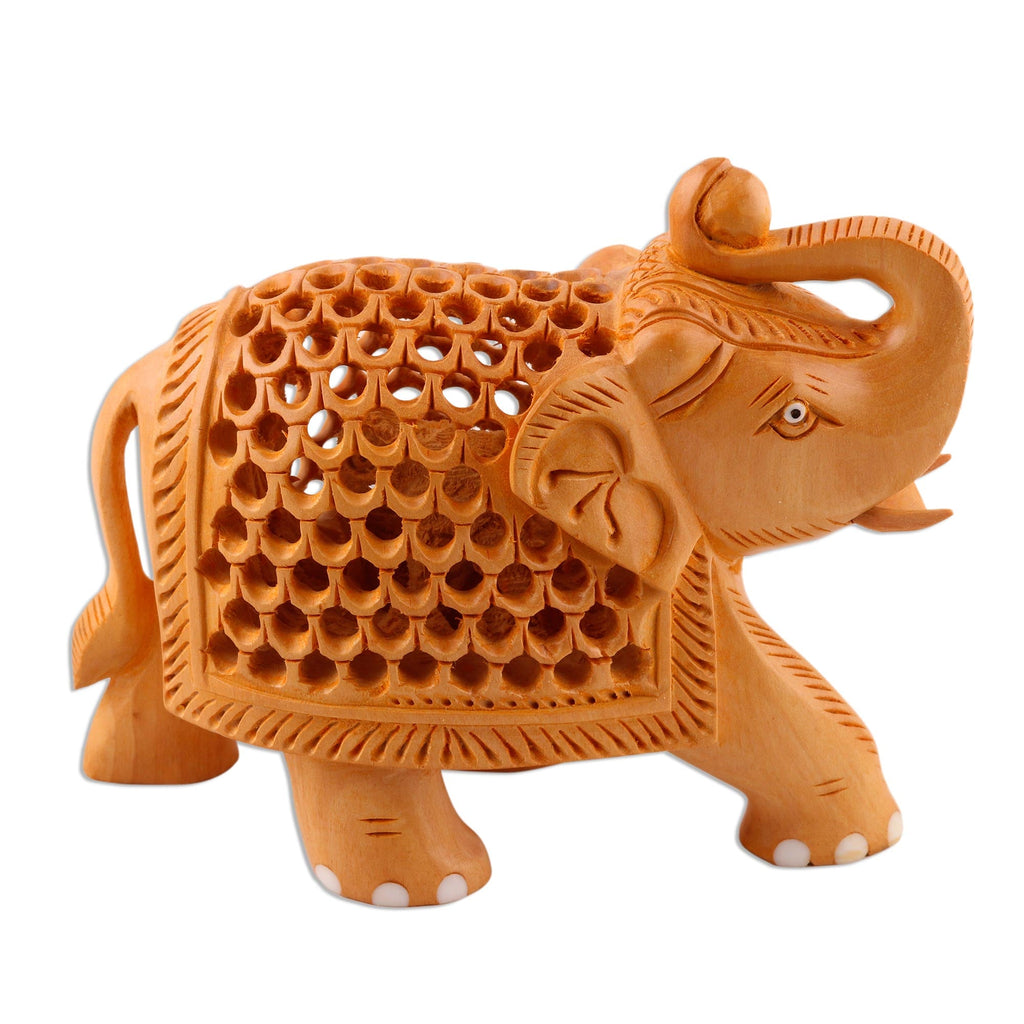 Jali Style Wood Elephant Sculpture - Enchanting Elephant