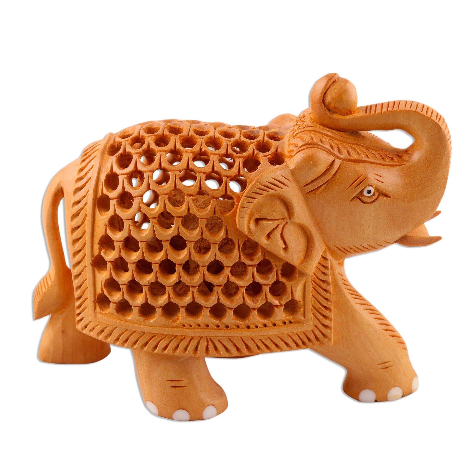 Jali Style Wood Elephant Sculpture - Enchanting Elephant