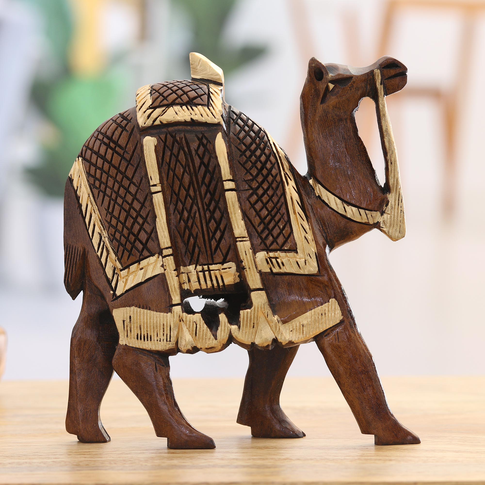 Camel Wood Figurine Hand-carved and Hand-painted in India - Camel Walk