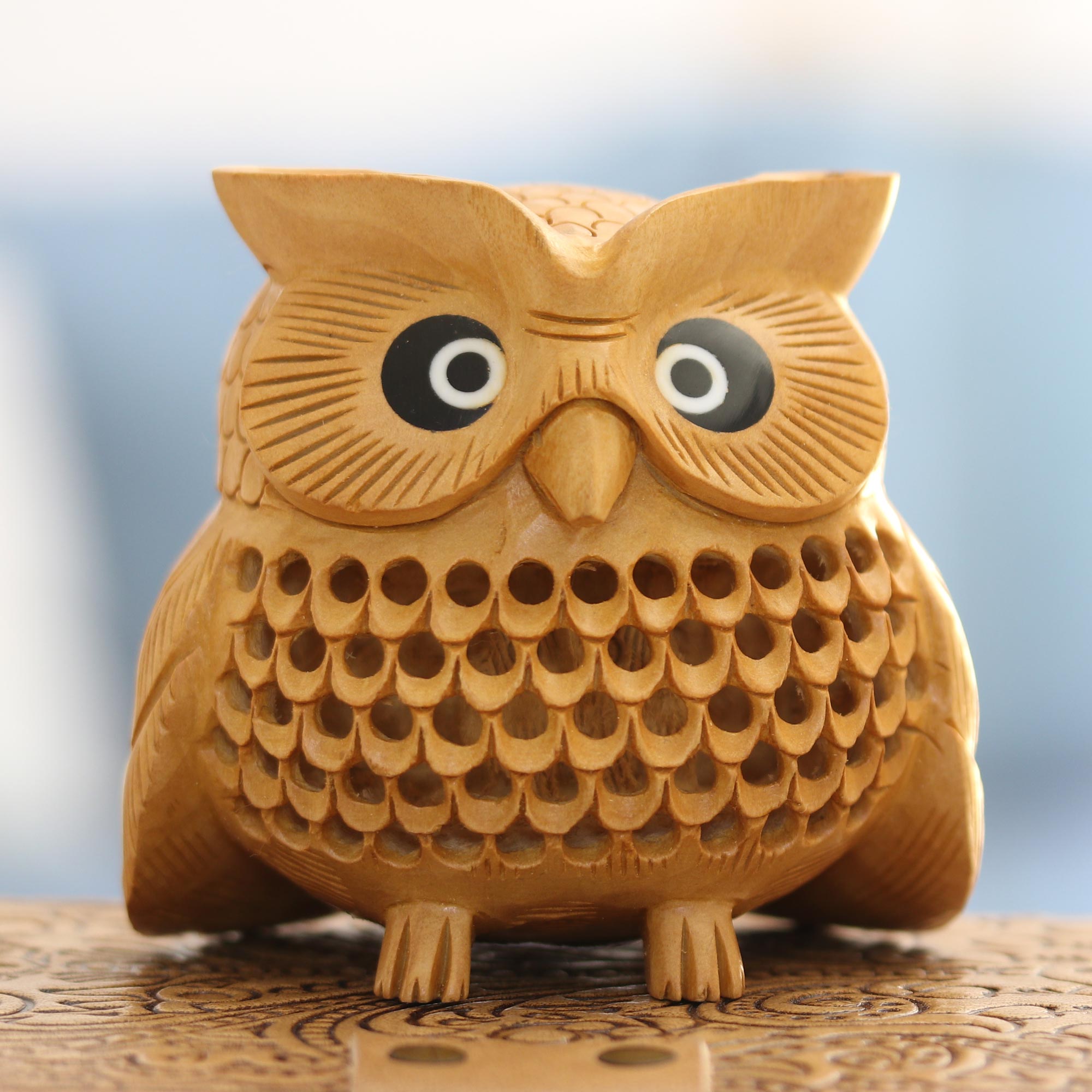 Wood Figurine of An Owl Exquisitely Hand-Carved in India - Owl Charm