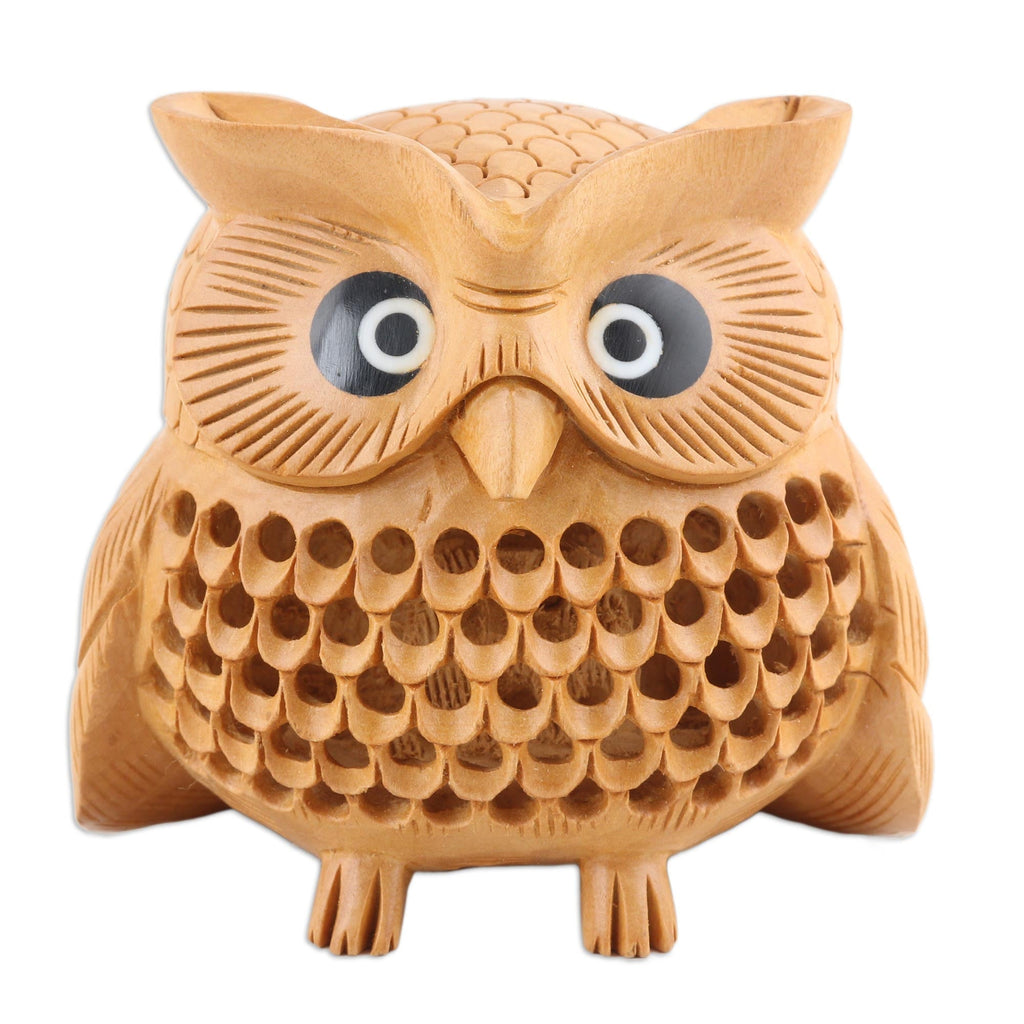 Wood Figurine of An Owl Exquisitely Hand-Carved in India - Owl Charm