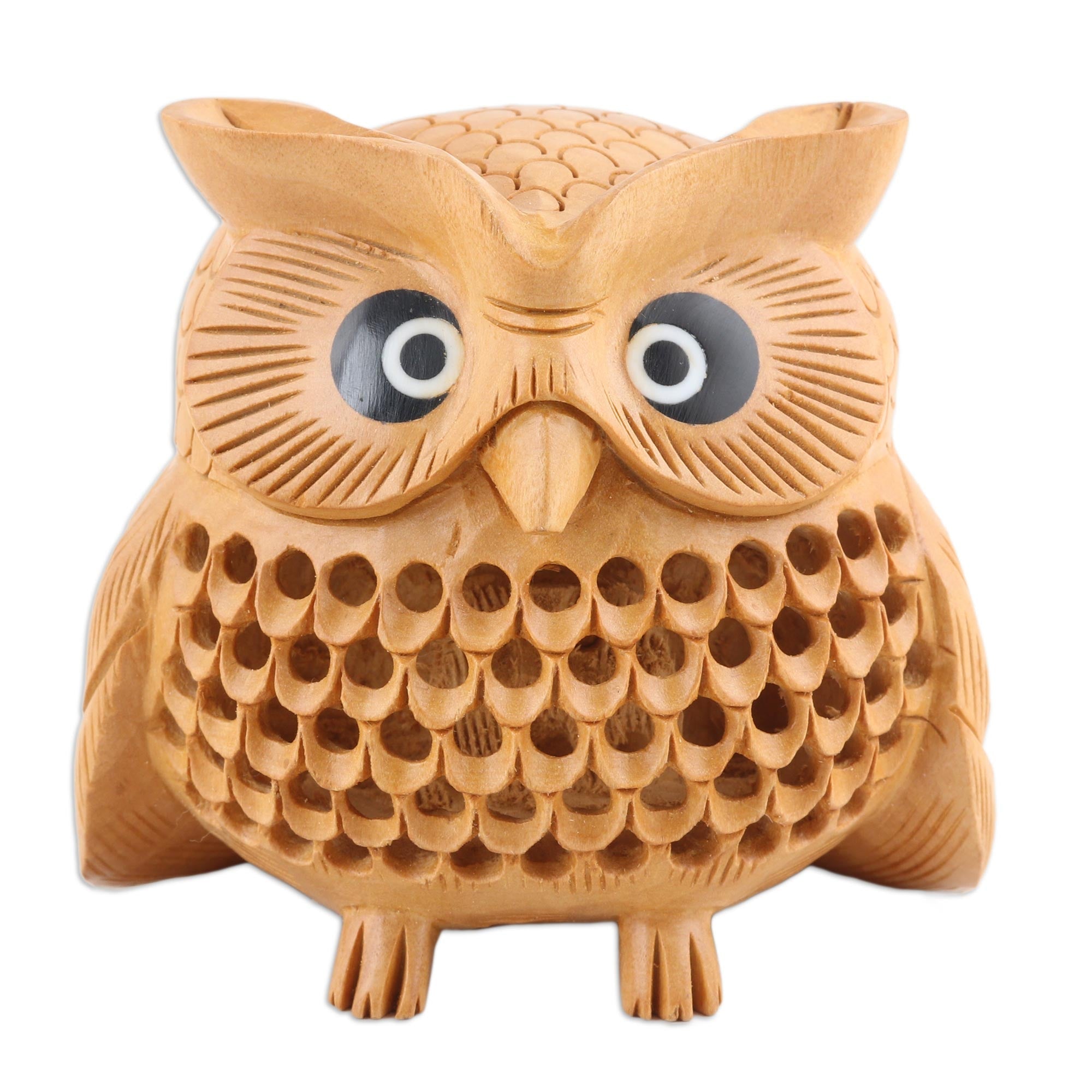 Wood Figurine of An Owl Exquisitely Hand-Carved in India - Owl Charm