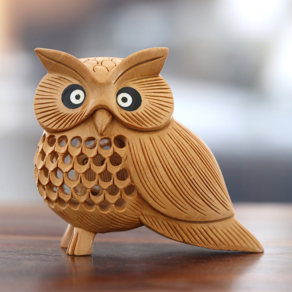 Brown Kadam Wood Owl Sculpture Hand-Carved in India - Wise Soul