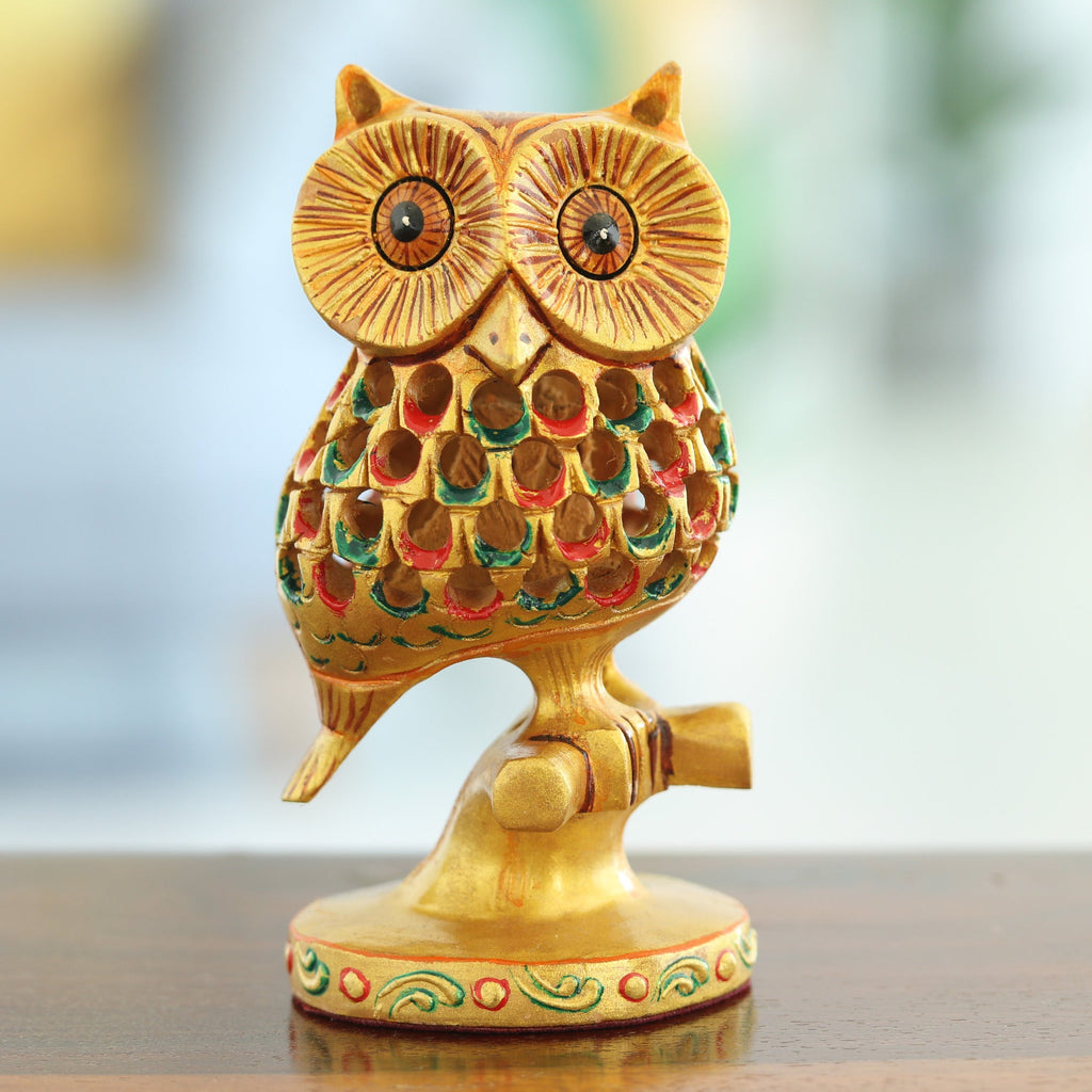 Hand-Painted Jali Kadam Wood Sculpture of a Golden Owl - Palatial Owl