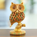 Hand-Painted Jali Kadam Wood Sculpture of a Golden Owl - Palatial Owl