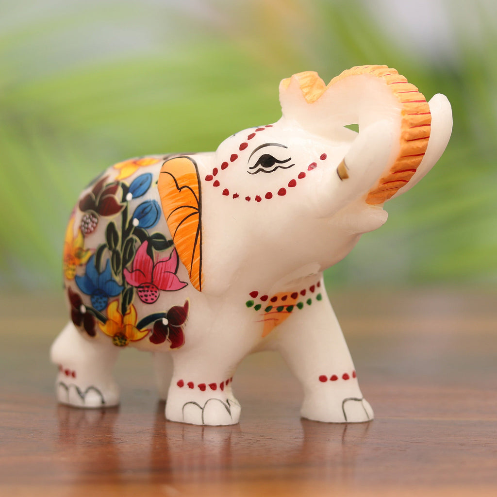 Hand-Painted Floral Soapstone Elephant Figurine from India - Good Fortune
