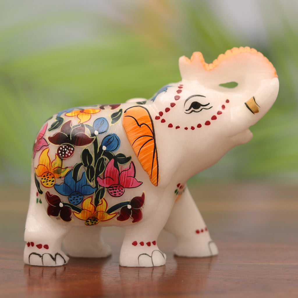 Hand-Painted Floral Soapstone Elephant Figurine from India - Good Fortune