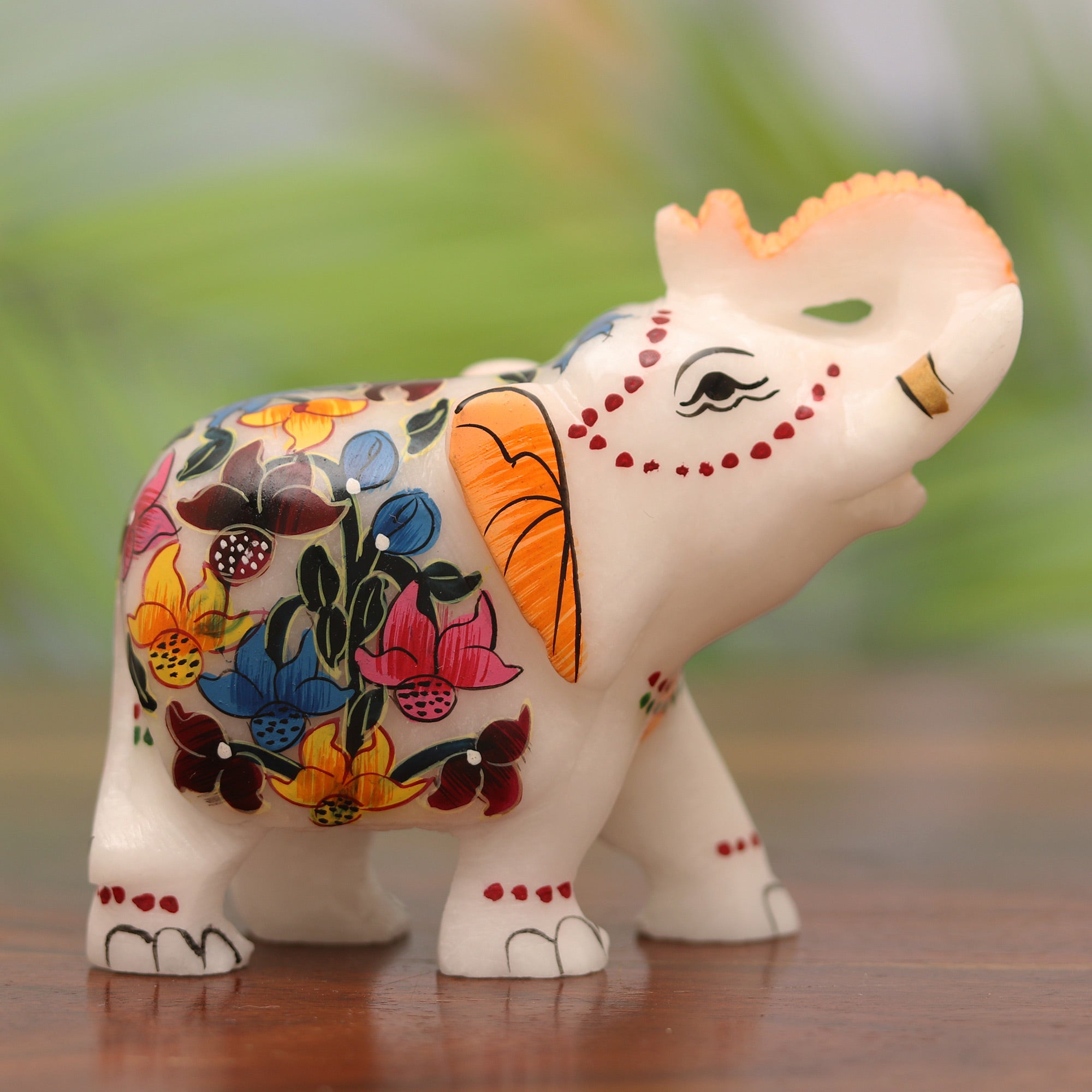 Hand-Painted Floral Soapstone Elephant Figurine from India - Good Fortune