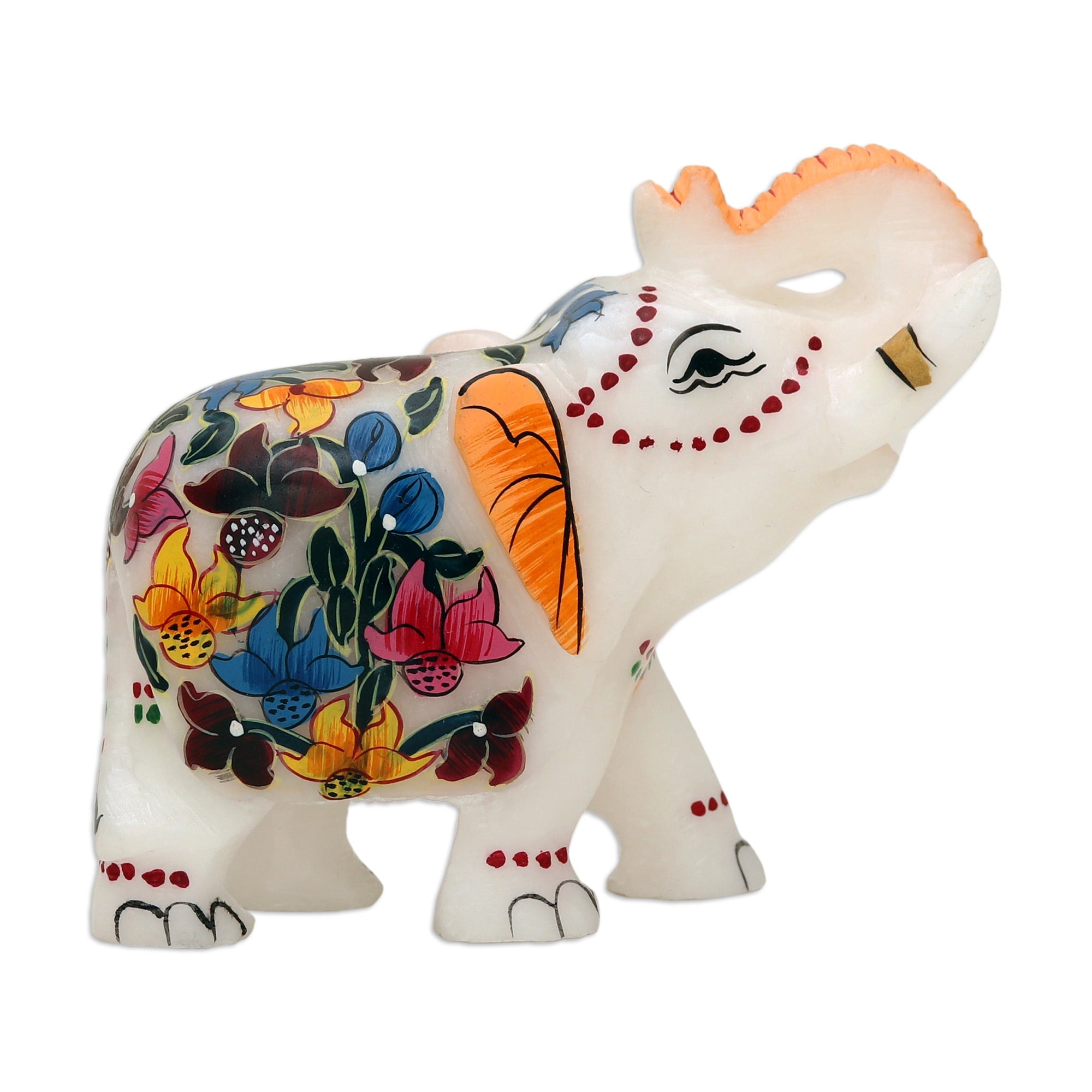 Hand-Painted Floral Soapstone Elephant Figurine from India - Good Fortune