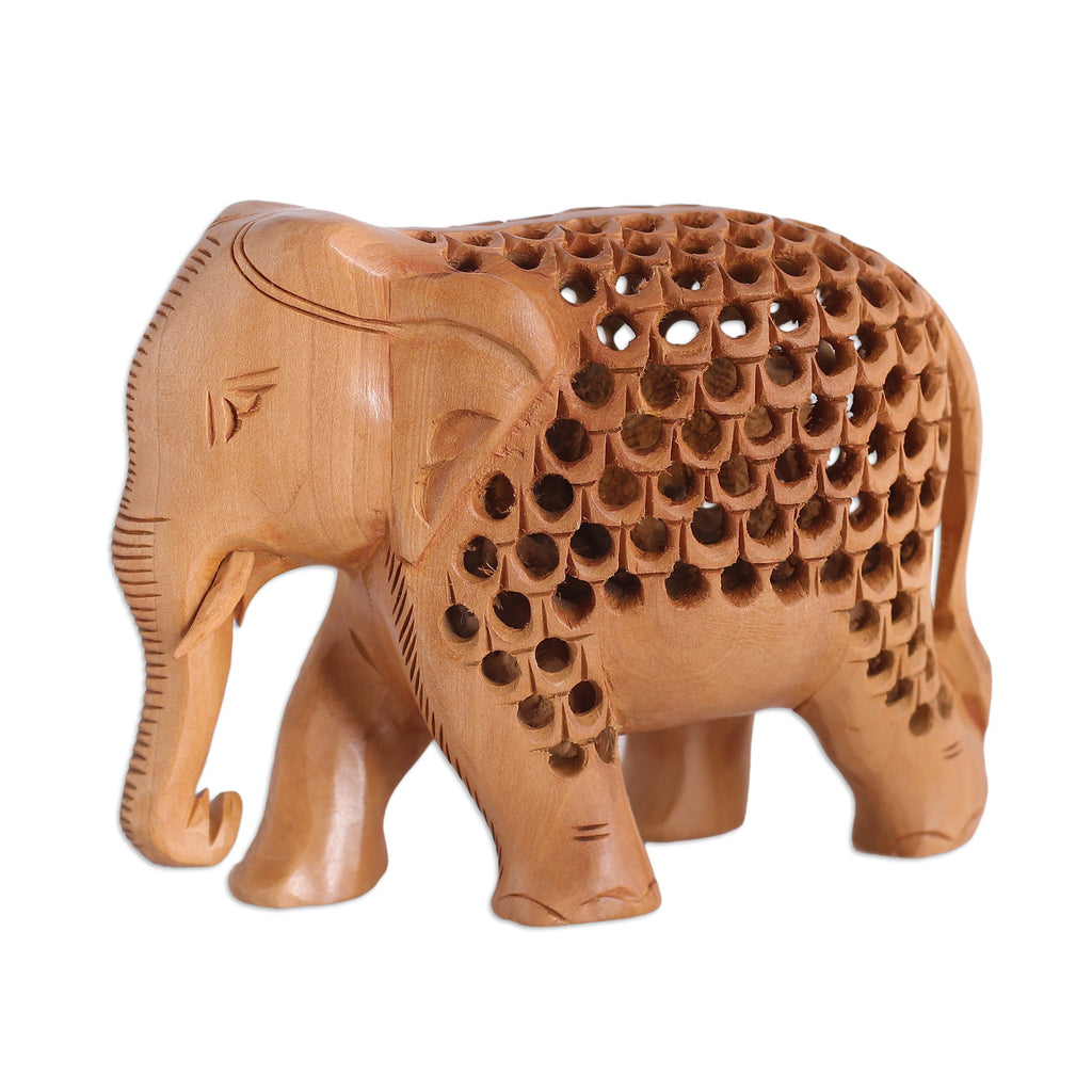 Hand-Carved Jali-Inspired Kadam Wood Elephant Sculpture - Regal Giant