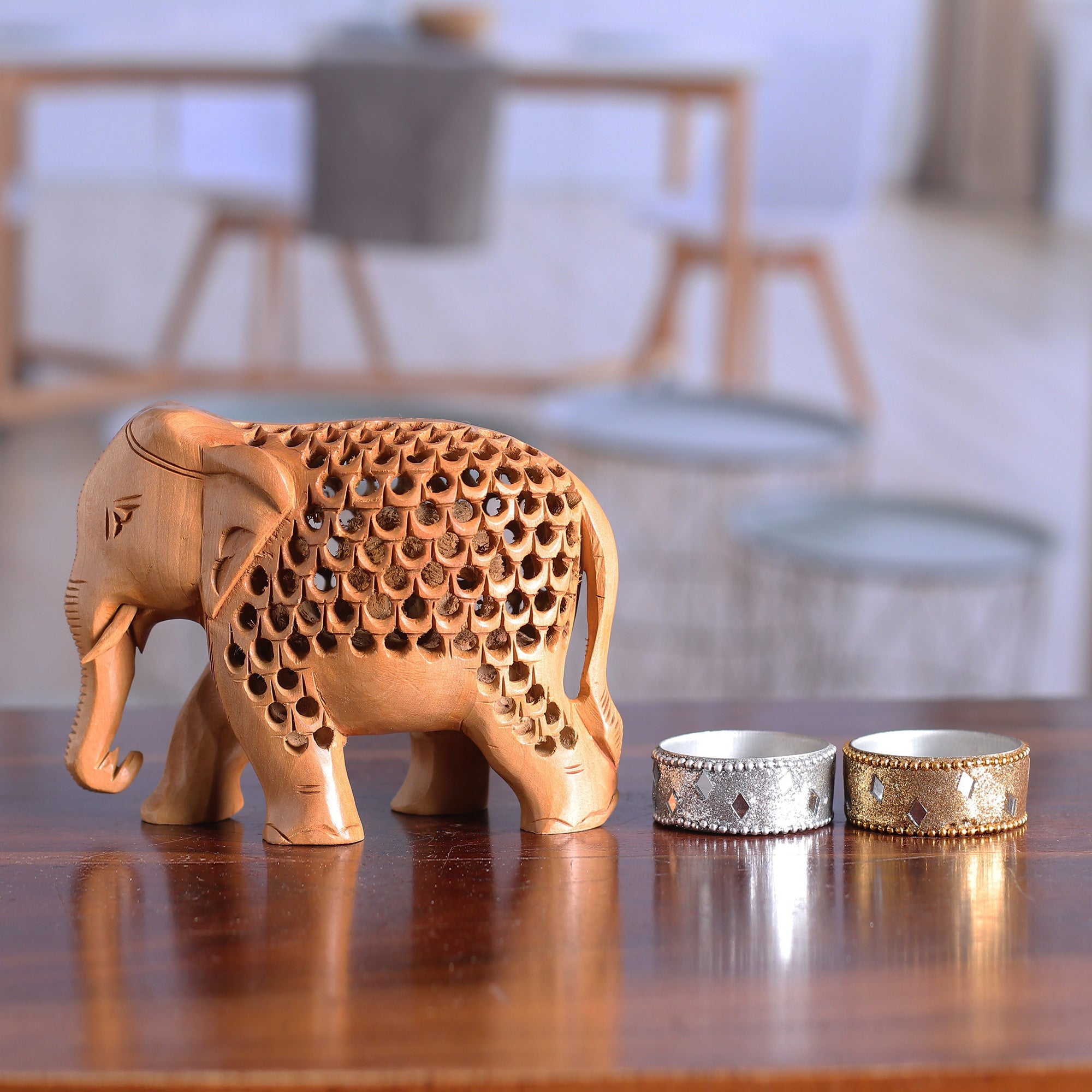Hand-Carved Jali-Inspired Kadam Wood Elephant Sculpture - Regal Giant