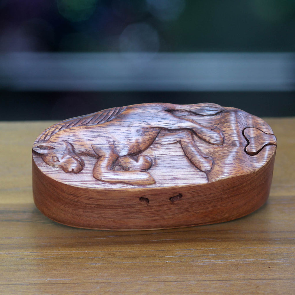 Hand Carved Wood Horse Puzzle Box - Prancing Horse