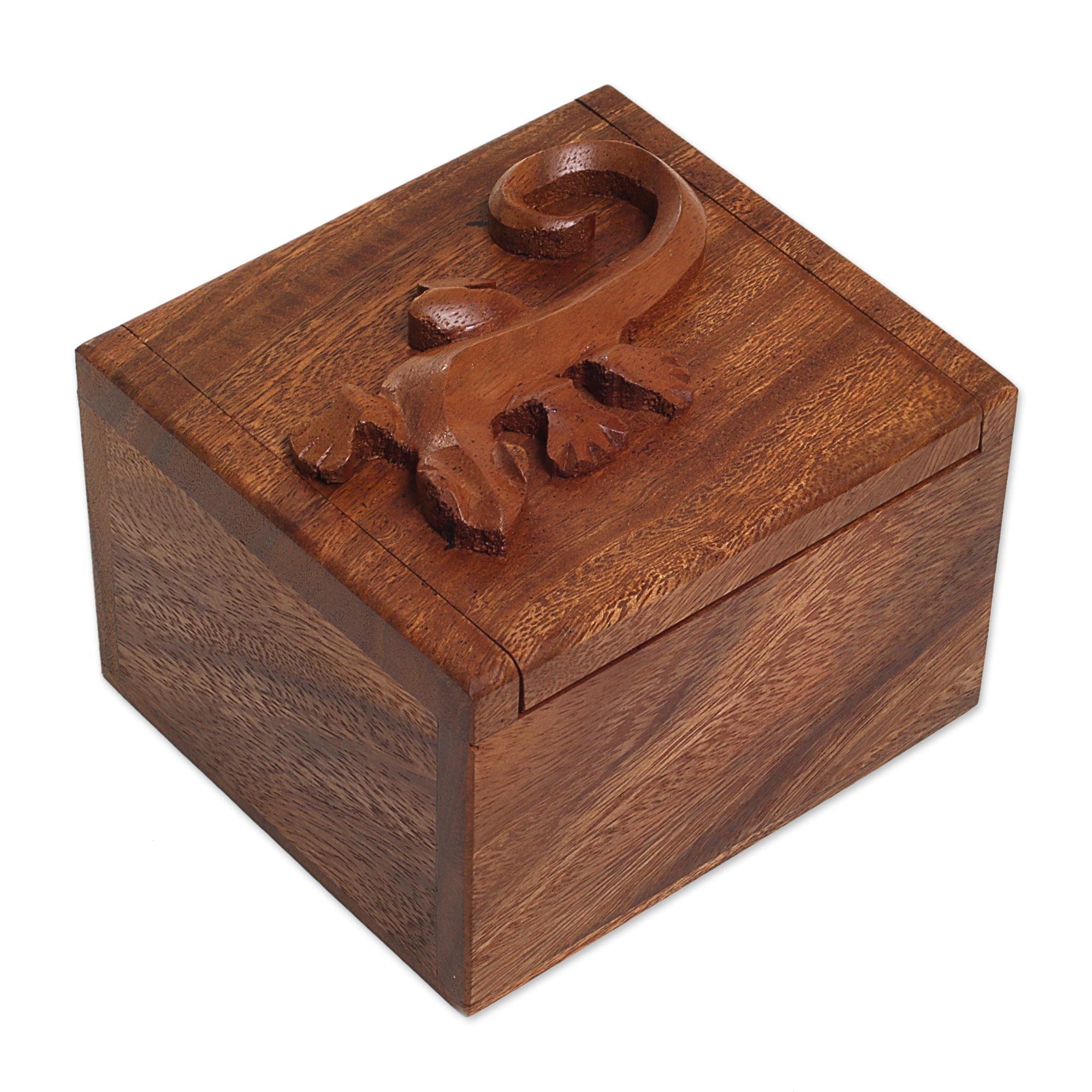 Handcrafted Suar Wood Gecko Decorative Box - Protective Gecko