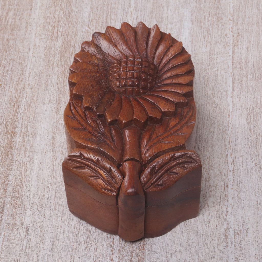 Hand Carved Wood Sunflower Puzzle Box - Sunflower Secret
