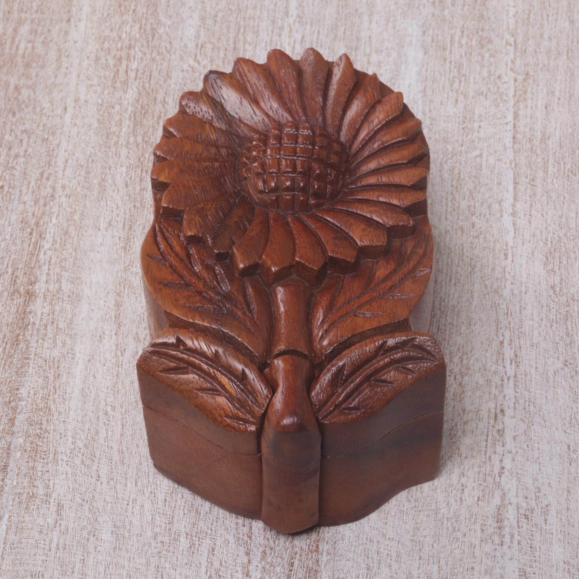 Hand Carved Wood Sunflower Puzzle Box - Sunflower Secret