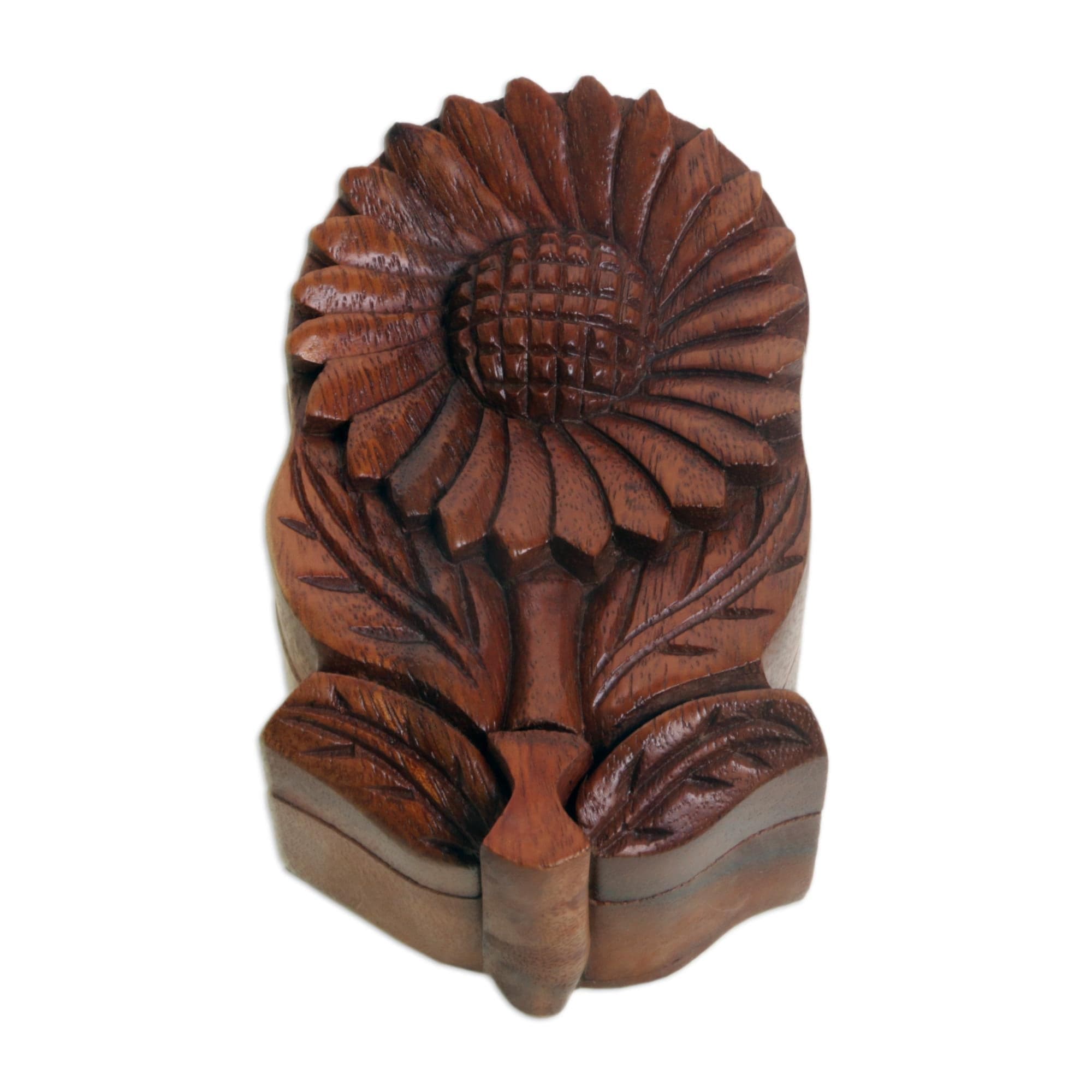 Hand Carved Wood Sunflower Puzzle Box - Sunflower Secret