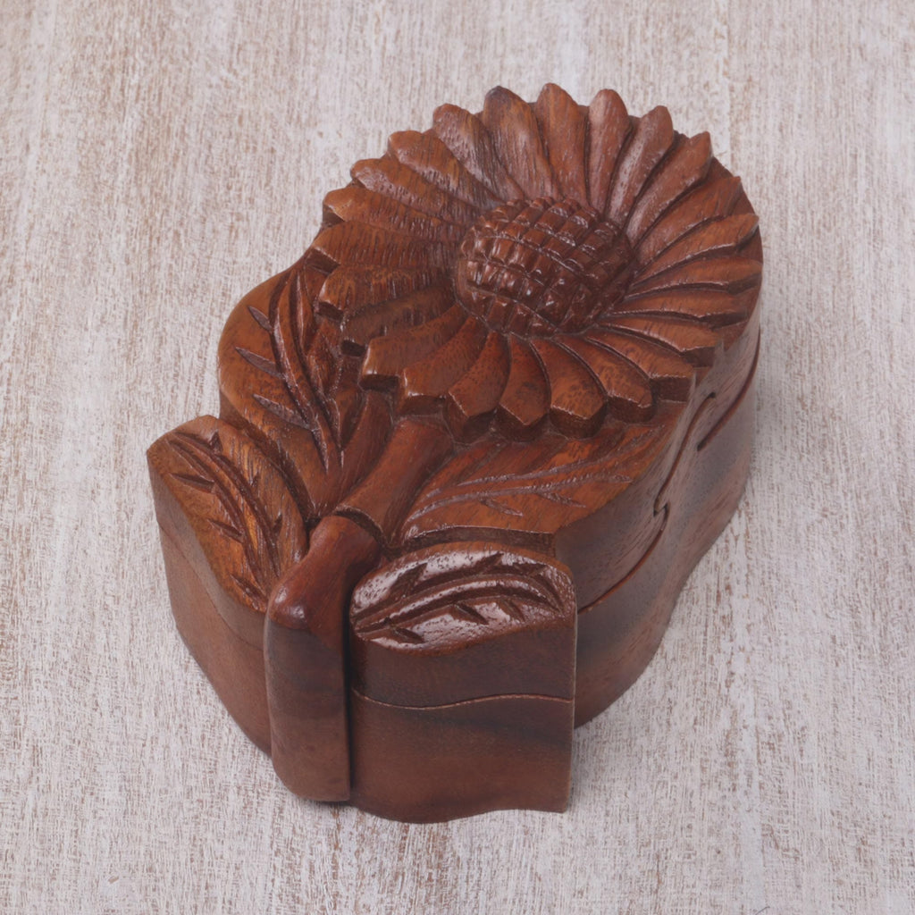 Hand Carved Wood Sunflower Puzzle Box - Sunflower Secret