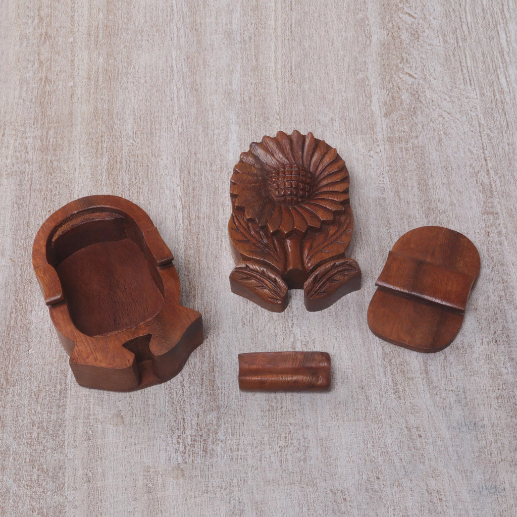 Hand Carved Wood Sunflower Puzzle Box - Sunflower Secret