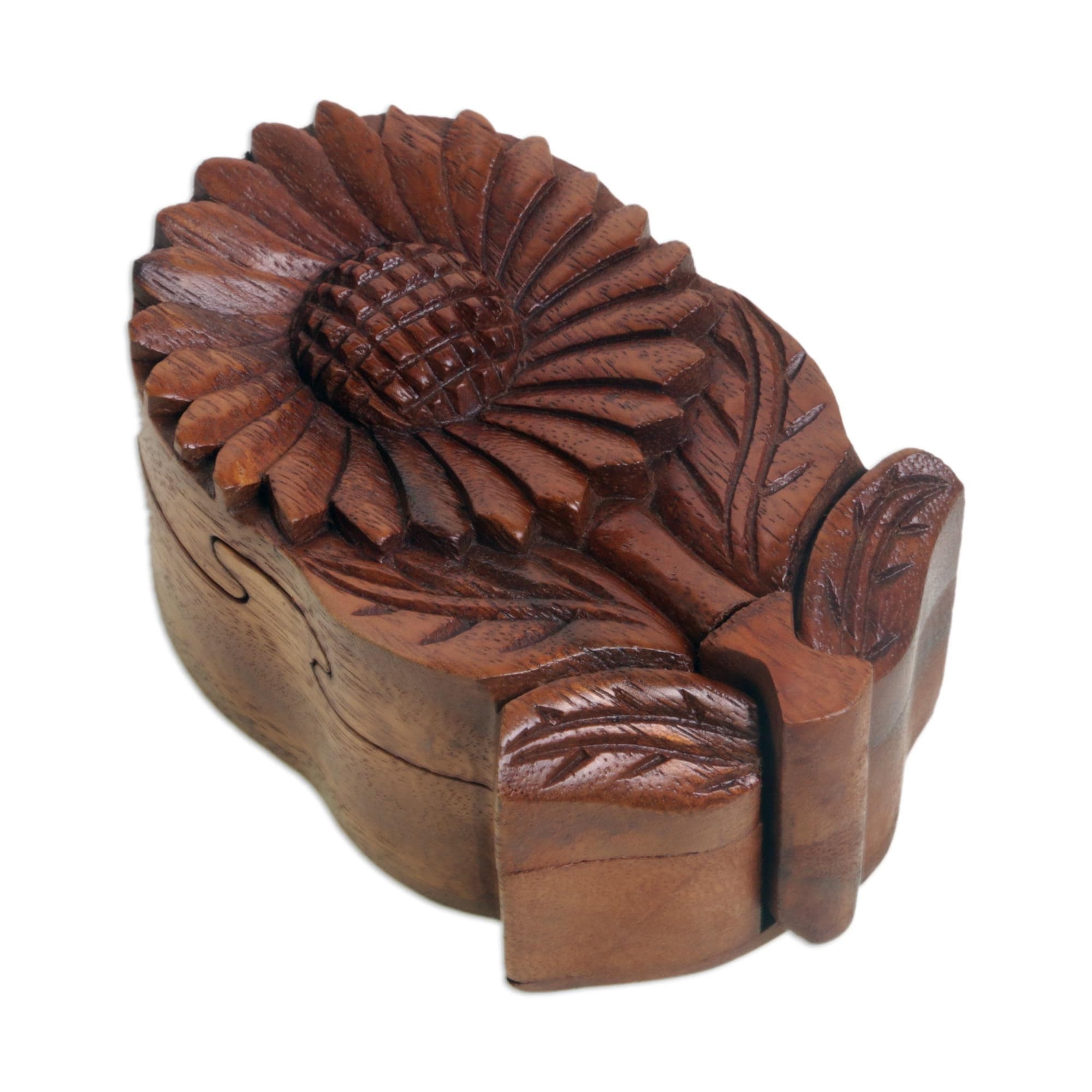 Hand Carved Wood Sunflower Puzzle Box - Sunflower Secret