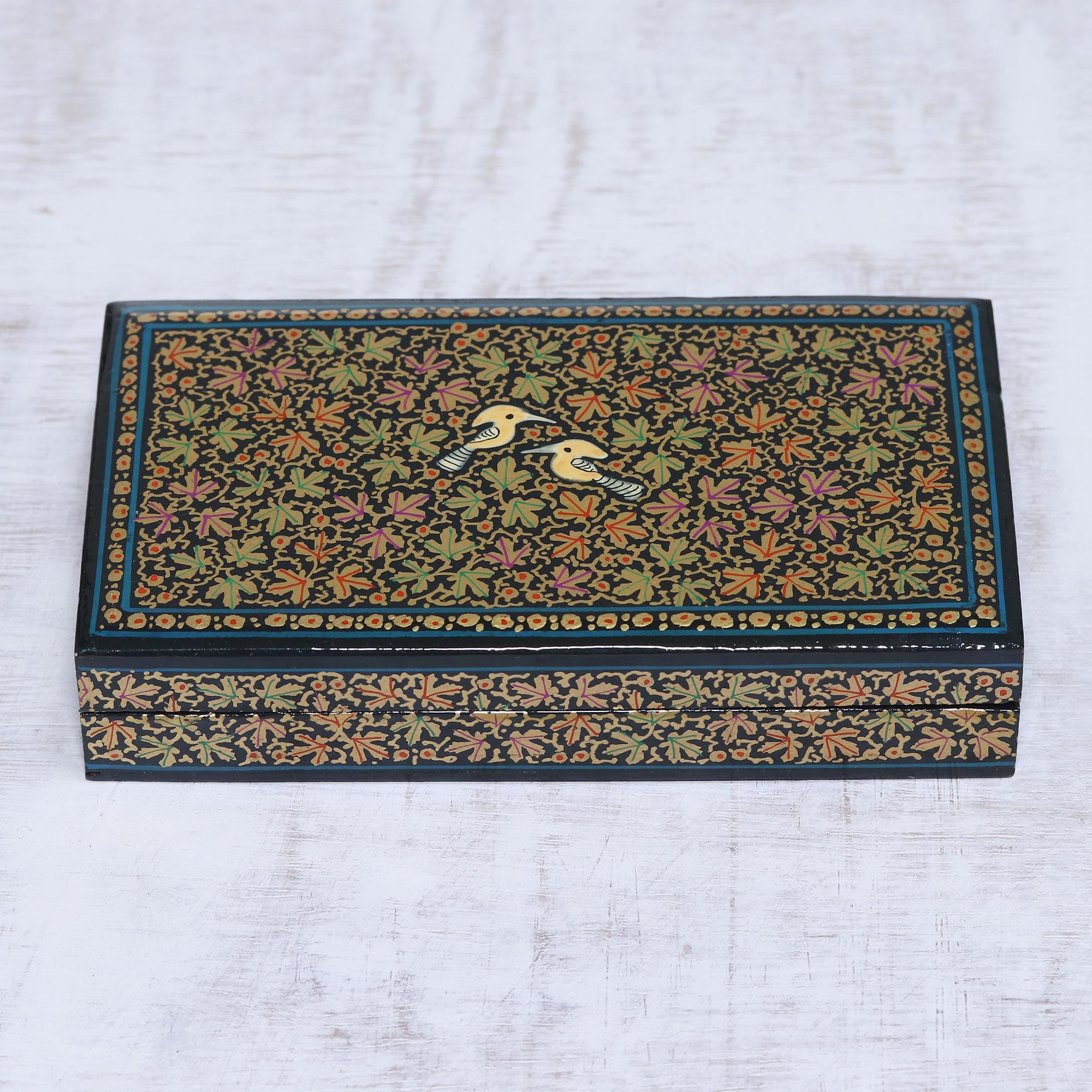 Leaf Motif Papier Mache and Wood Decorative Box - Chinar Paradise