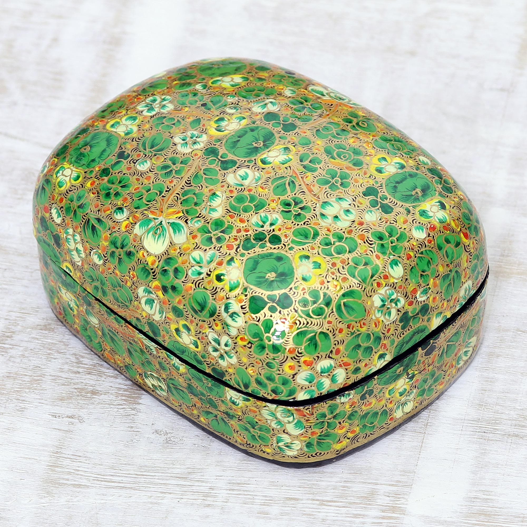 Wood and Papier Mache Decorative Box with Floral Leaf Design - Lush Kashmir Valley