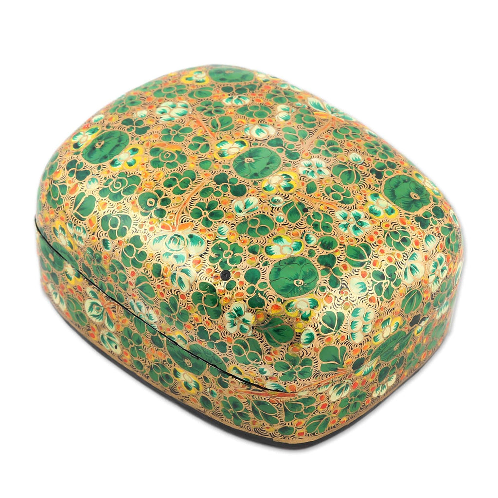 Wood and Papier Mache Decorative Box with Floral Leaf Design - Lush Kashmir Valley