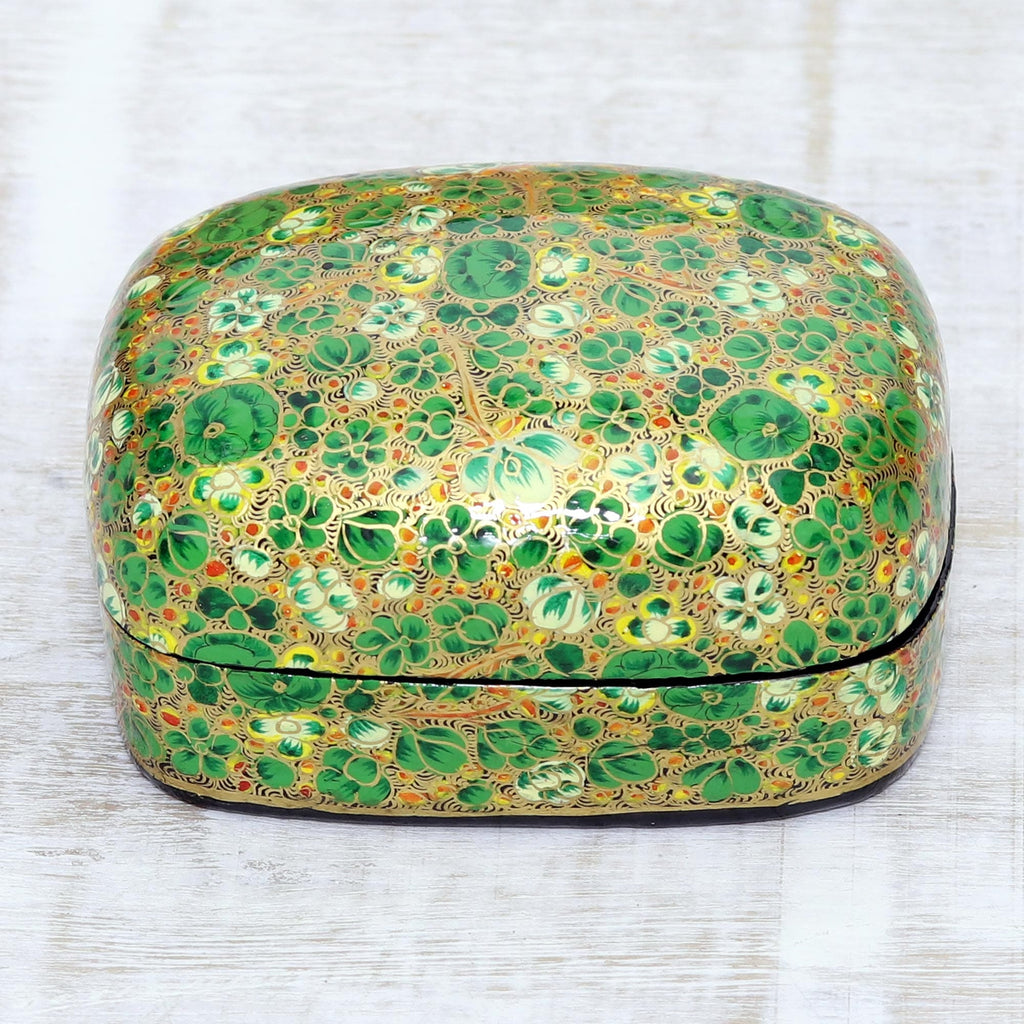 Wood and Papier Mache Decorative Box with Floral Leaf Design - Lush Kashmir Valley