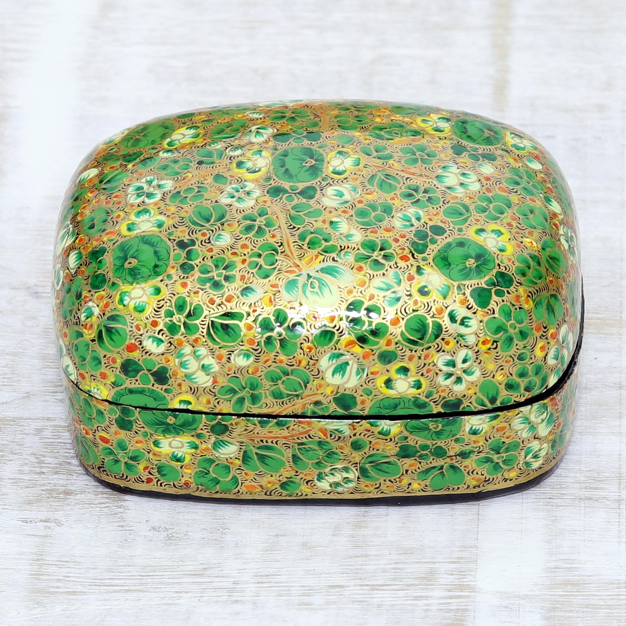 Wood and Papier Mache Decorative Box with Floral Leaf Design - Lush Kashmir Valley