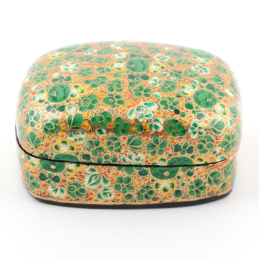 Wood and Papier Mache Decorative Box with Floral Leaf Design - Lush Kashmir Valley