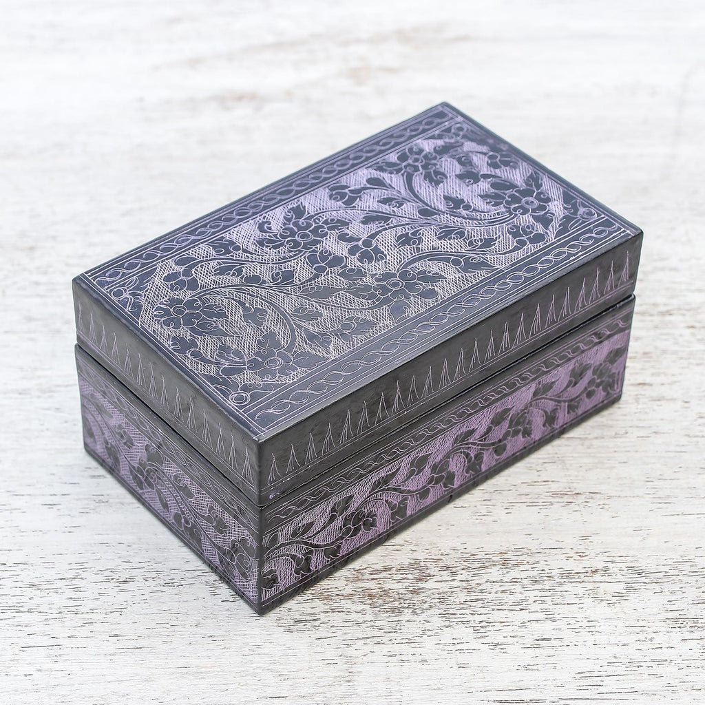 Handcrafted Lacquered Wood Decorative Box - Blossoming in Purple