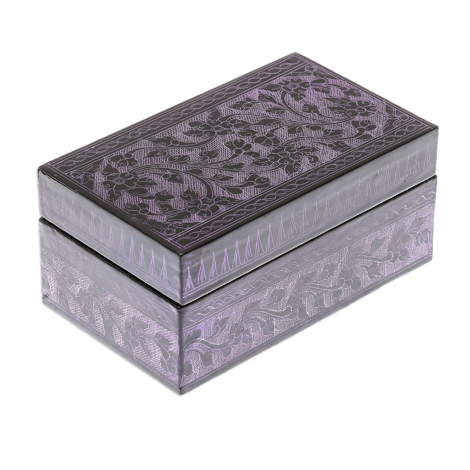 Handcrafted Lacquered Wood Decorative Box - Blossoming in Purple
