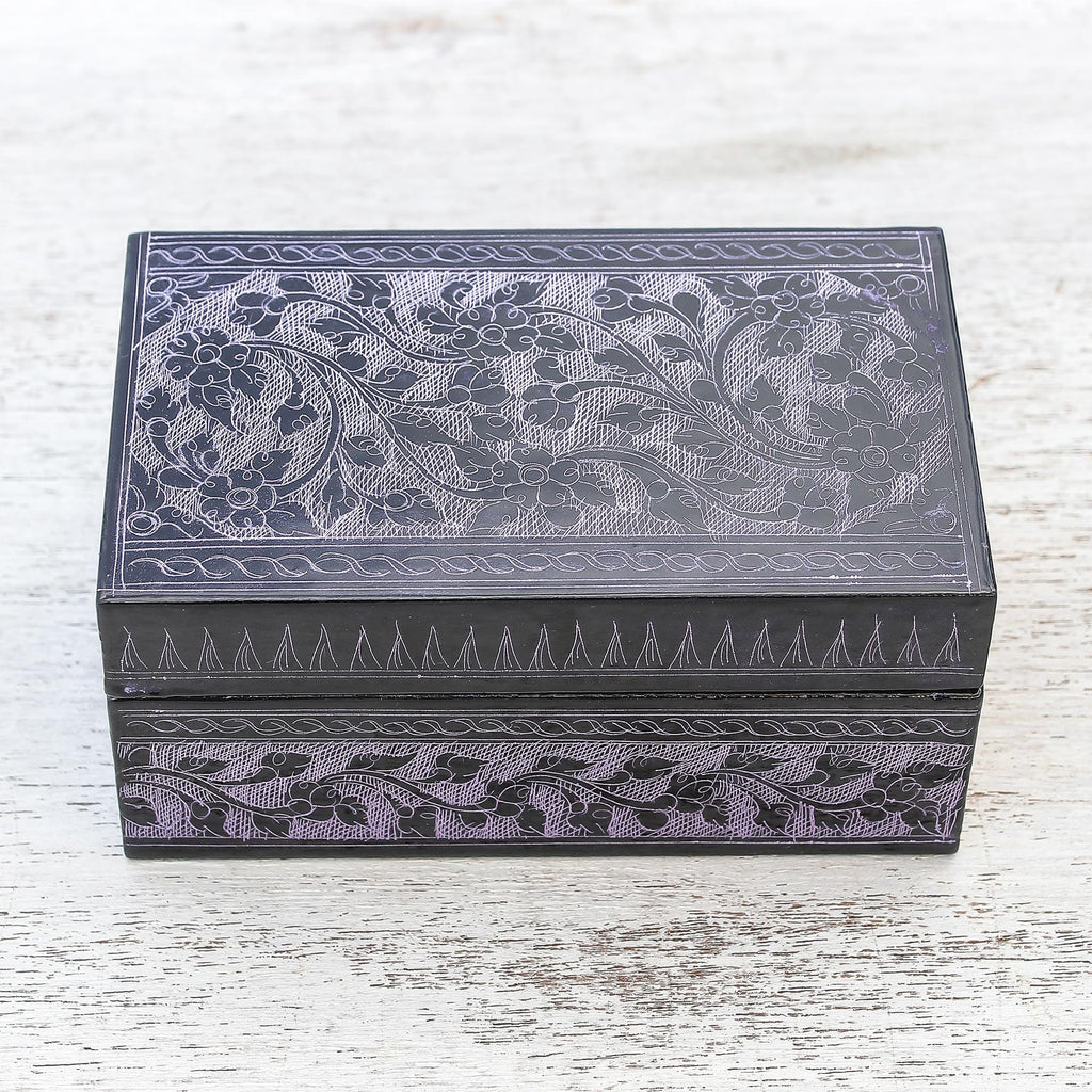 Handcrafted Lacquered Wood Decorative Box - Blossoming in Purple