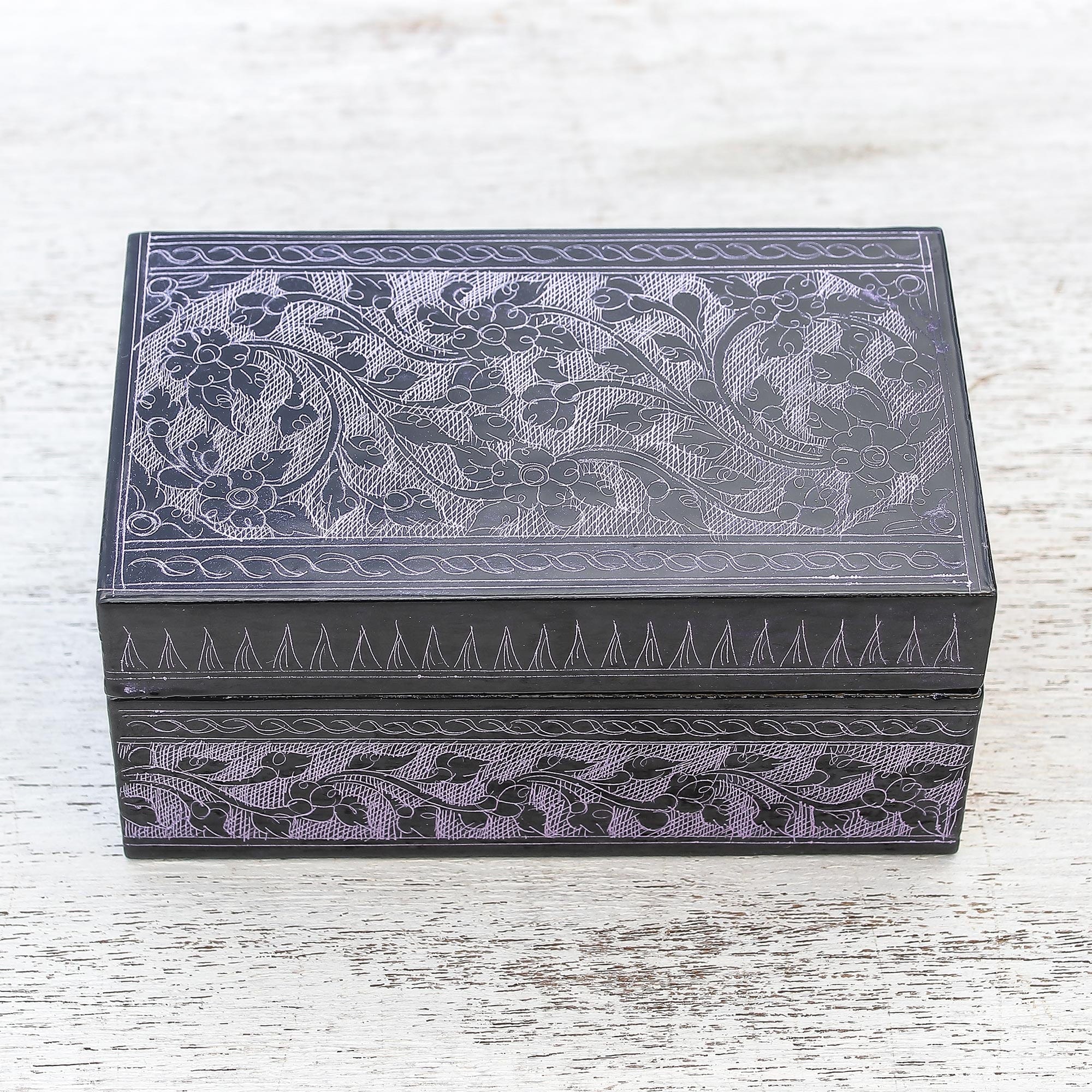 Handcrafted Lacquered Wood Decorative Box - Blossoming in Purple