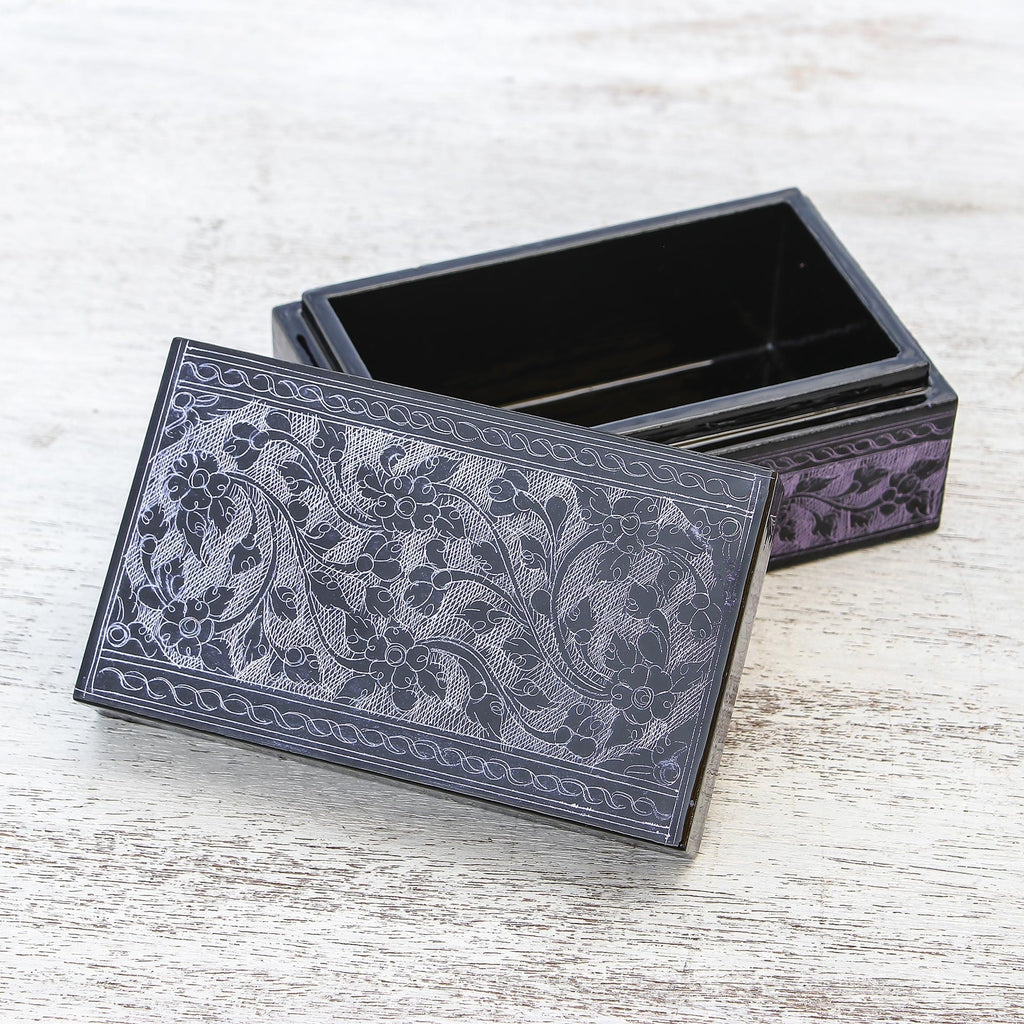 Handcrafted Lacquered Wood Decorative Box - Blossoming in Purple
