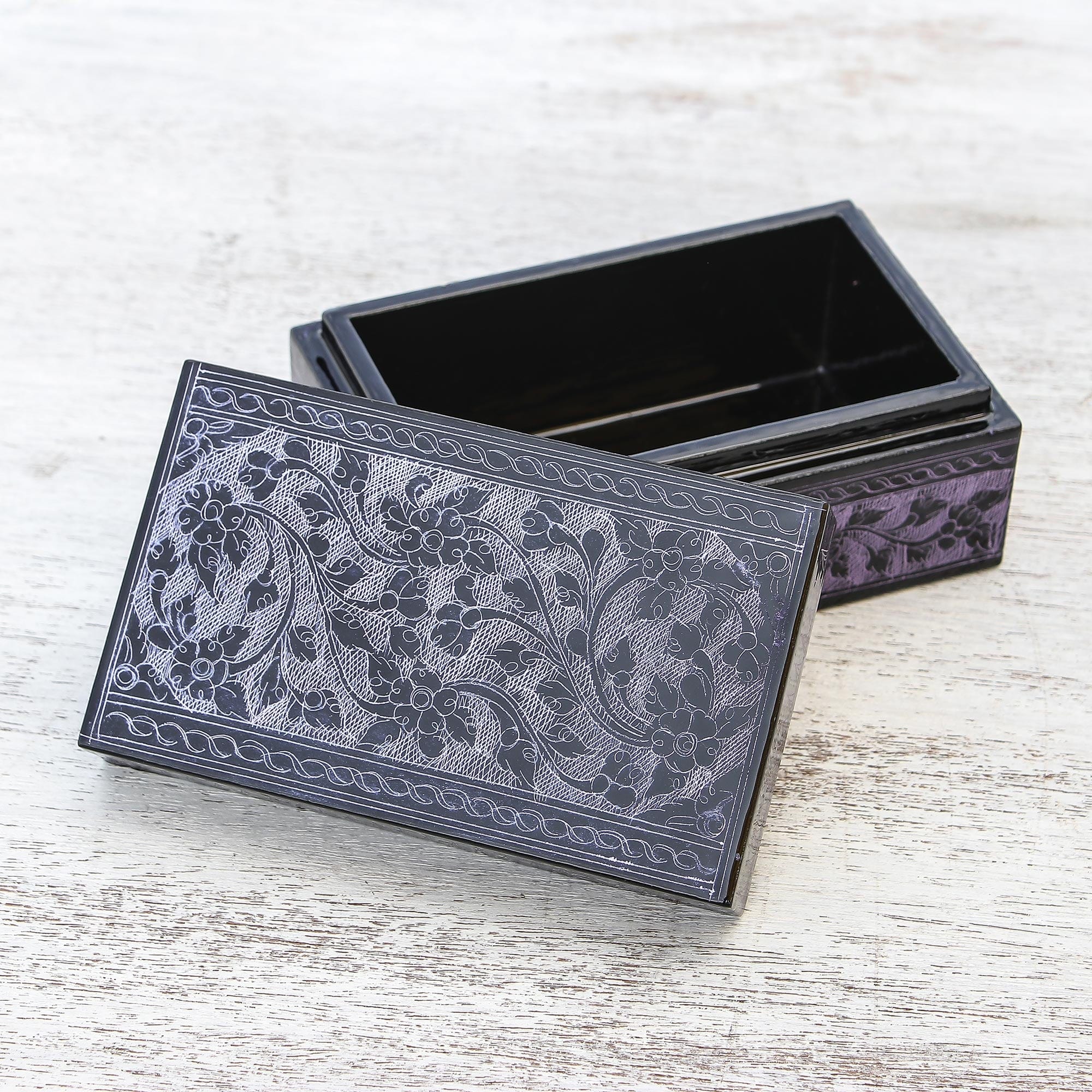 Handcrafted Lacquered Wood Decorative Box - Blossoming in Purple